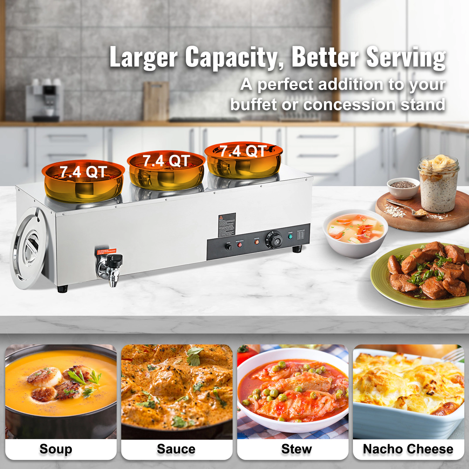 HONGGE Electric Soup Warmer 7.4QT Stainless Steel Round Pot Commercial Food Warmer 86~185°F Adjustable Temp Bain Marie