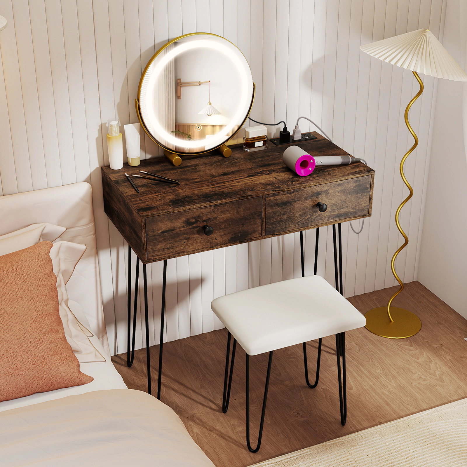 SUGIFT Rustic Brown Makeup Vanity with Lighted Mirror, Charging Strip, 2 Drawers and Stool