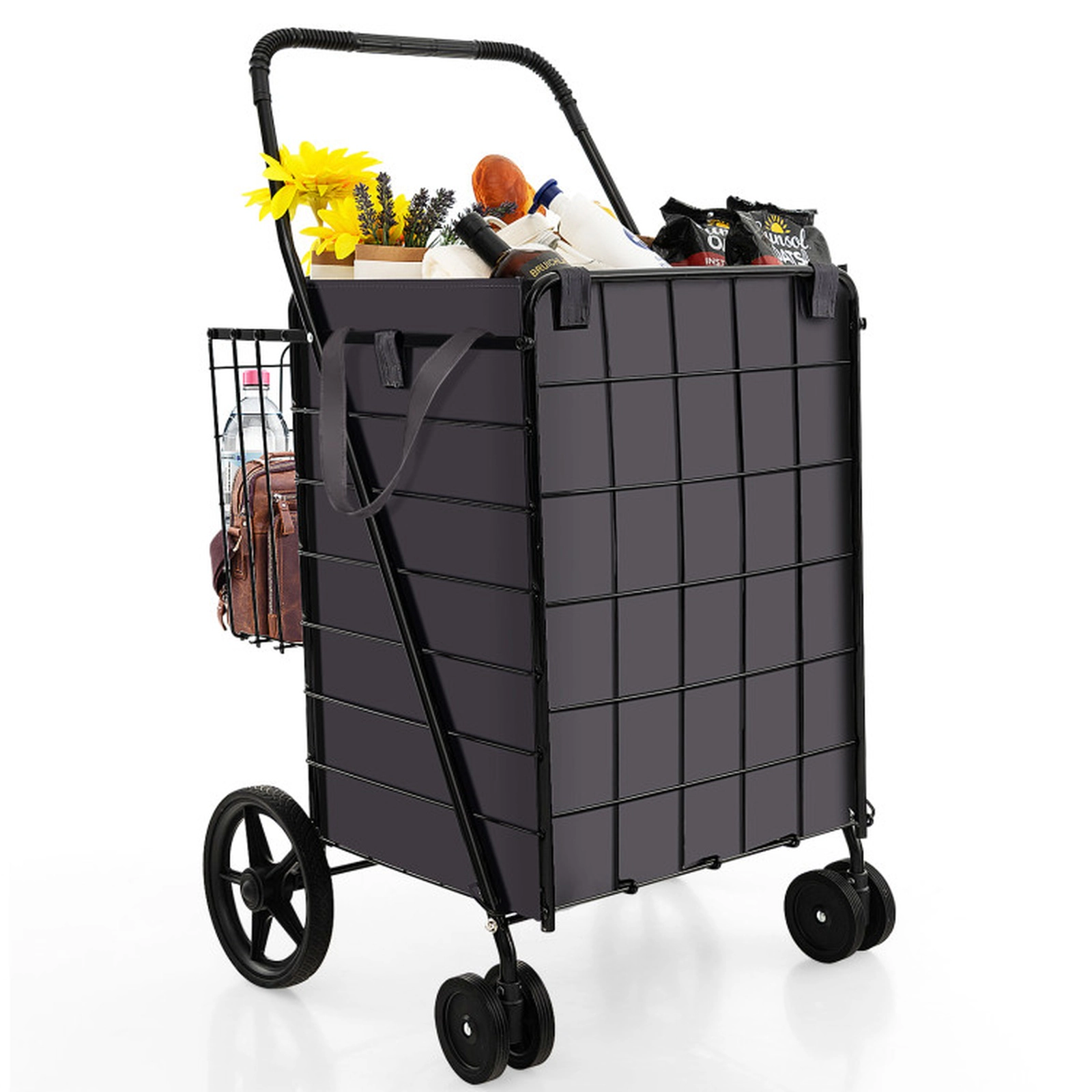 SUGIFT Folding Rolling Shopping Cart Waterproof Oxford Liner Back Basket 90-lb Capacity 24 x 23.5 x 40-in Black