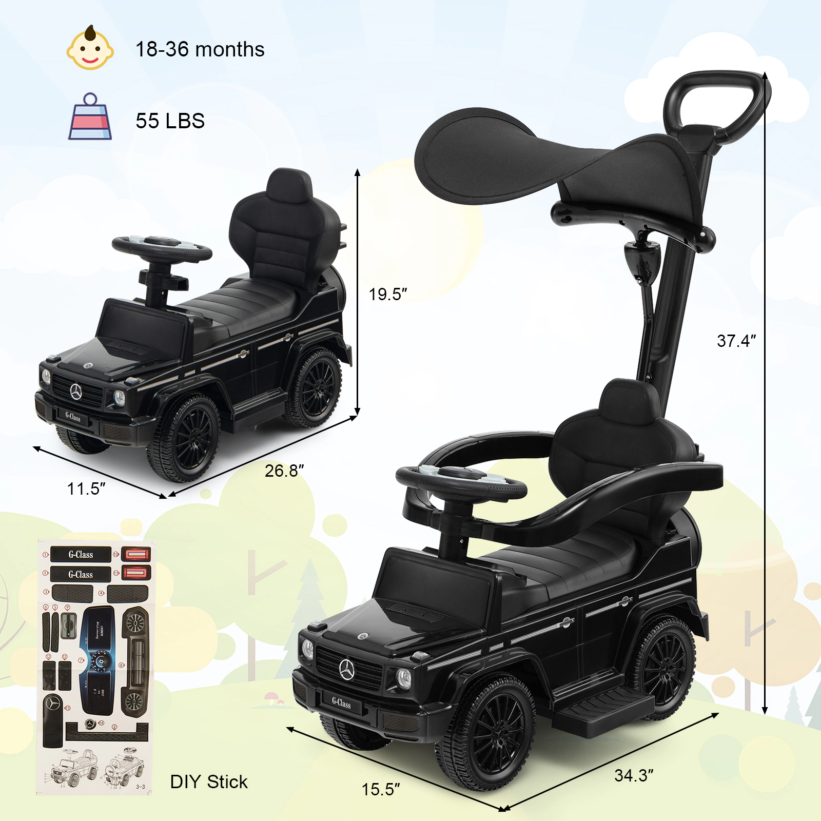 3-in-1 Toddler Push Car Adjustable Canopy Retractable Footrest Stroller Walker 18-36 Months 55-lb Capacity Black