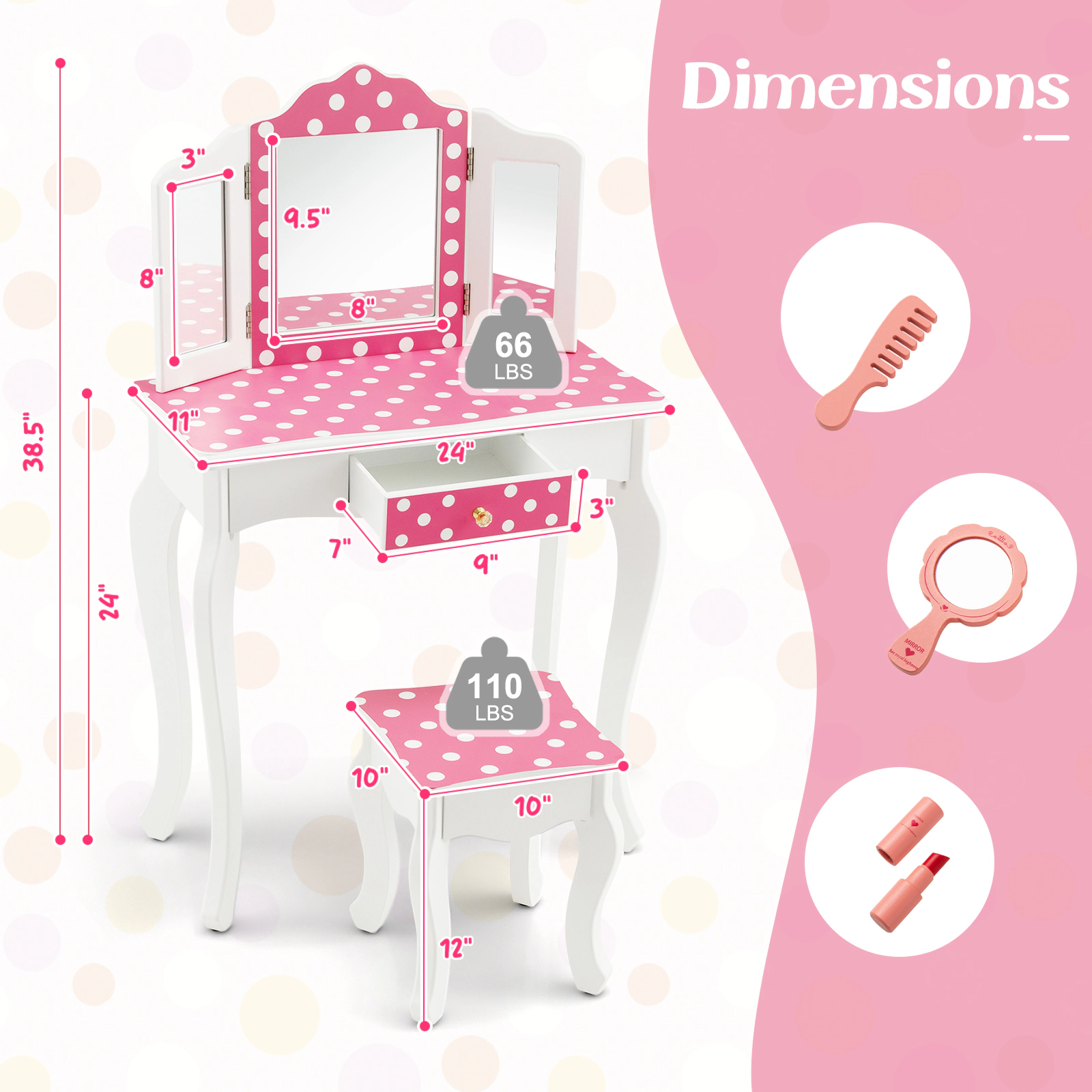 Hivvago Princess Pretend Play Makeup Dressing Table with Cute Polka Dot Print