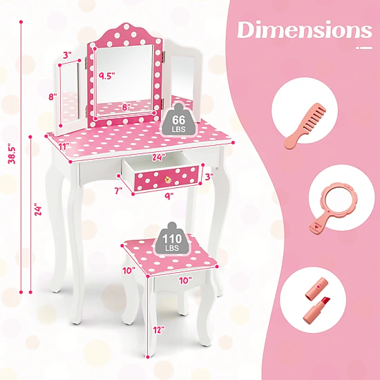 Hivvago Princess Pretend Play Makeup Dressing Table with Cute Polka Dot Print