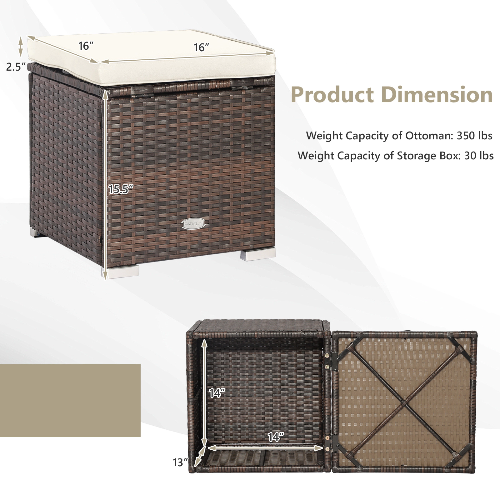 SUGIFT Patio Ottoman and Storage Seat with Removable Cushions 350-lb Top Capacity Mix Brown Rattan