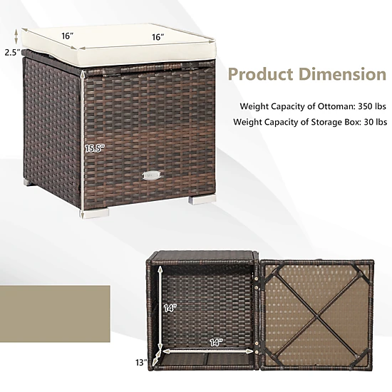 SUGIFT Patio Ottoman and Storage Seat with Removable Cushions 350-lb Top Capacity Mix Brown Rattan