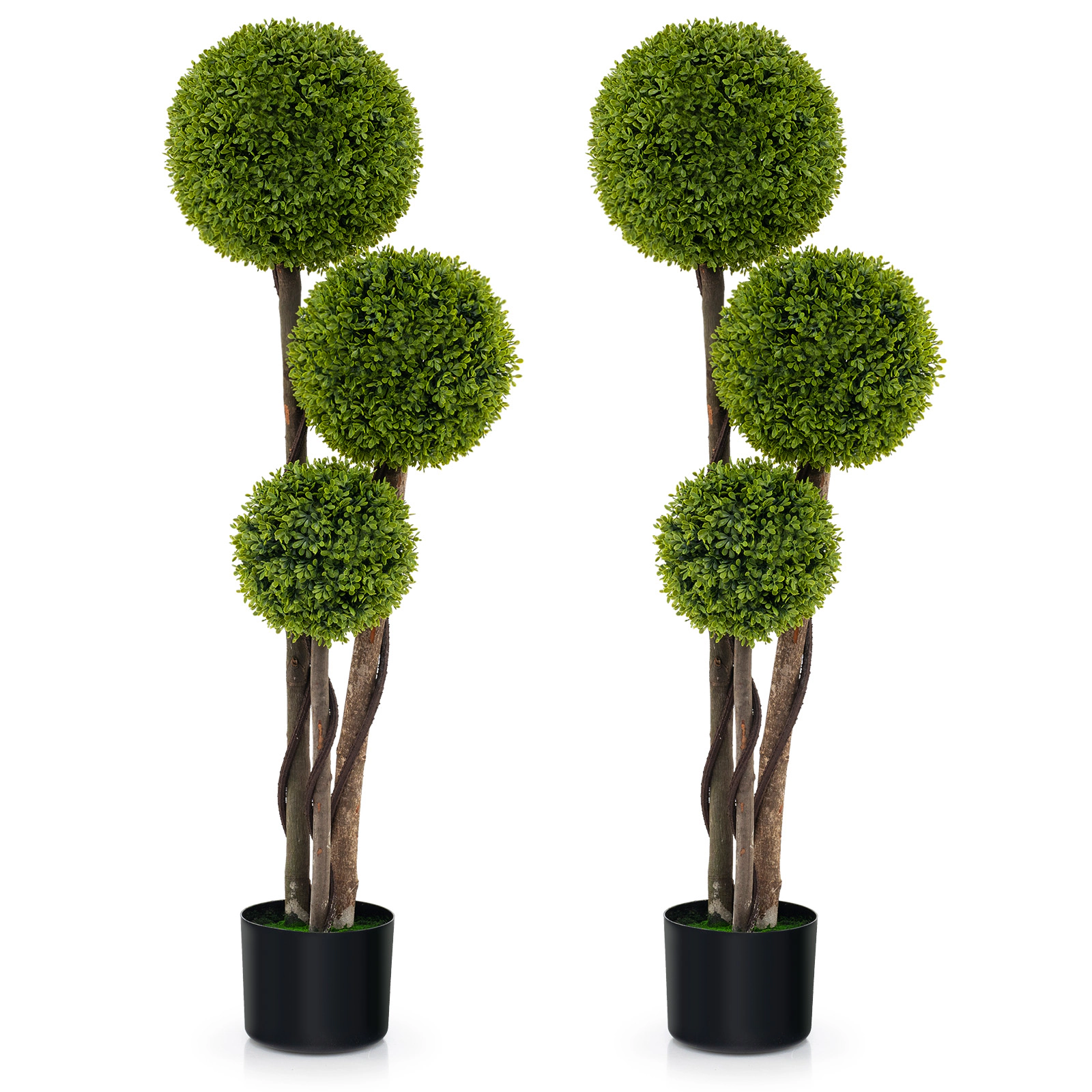 SUGIFT 47-in Artificial Boxwood Triple Ball Topiary Tree with Eucalyptus Wood Trunks and Weighted Pot