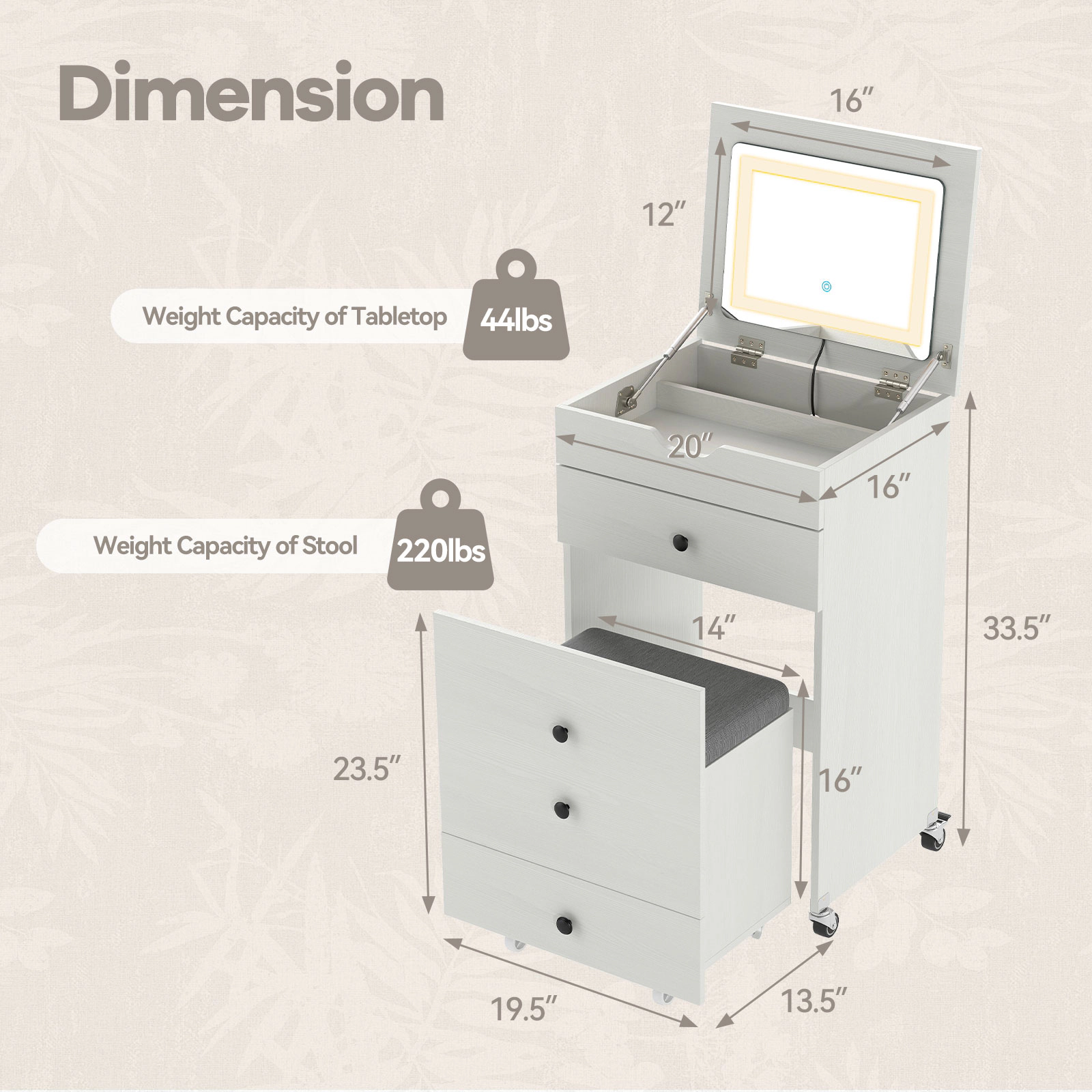 SUGIFT 3-in-1 Vanity Desk Set Flip-Top Lighted Mirror Drawers & Stool 44-lb Tabletop 220-lb Stool 20-in Wide Desk White