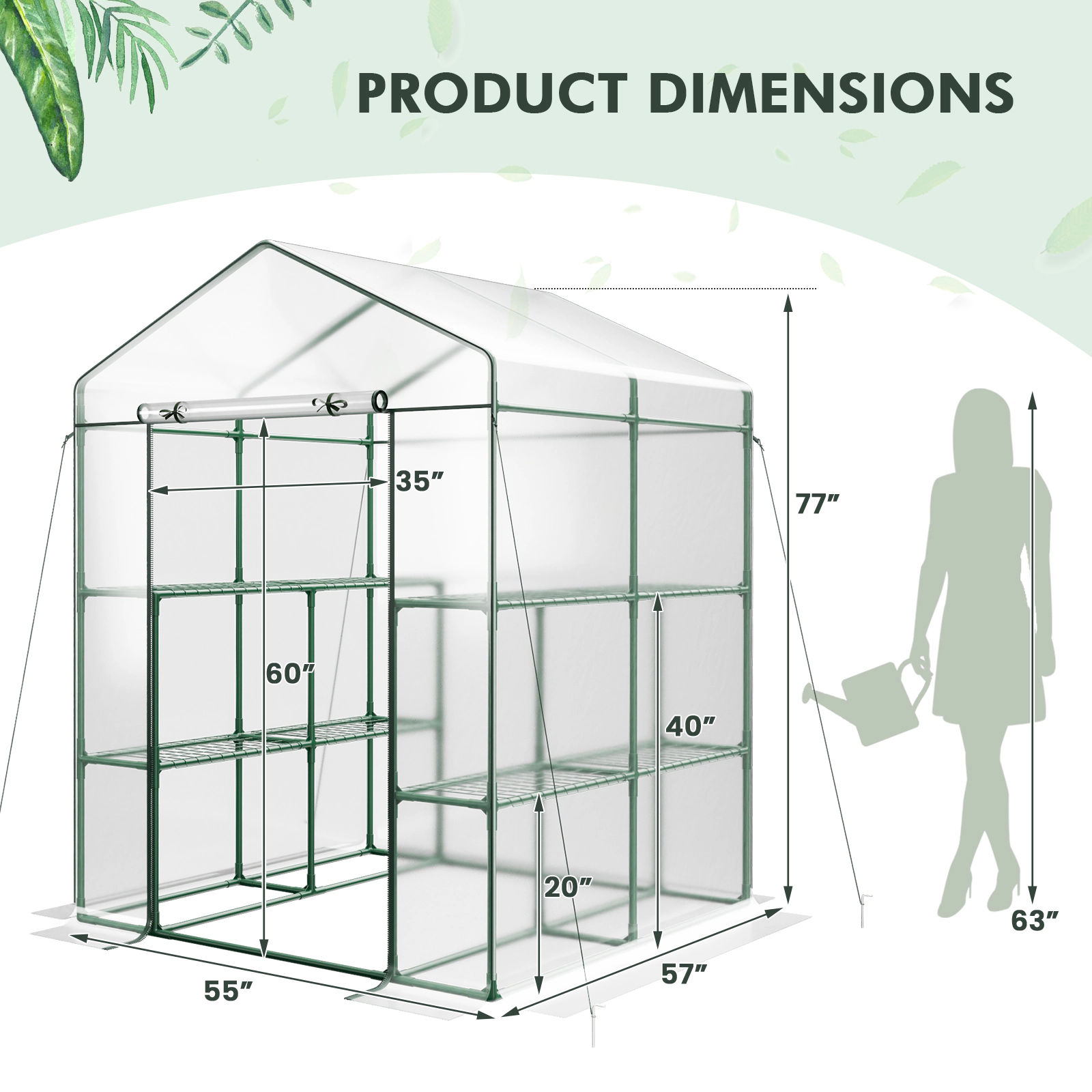 SUGIFT Walk-in Greenhouse with 3 Tiers 8 Mesh Shelves Clear PVC Cover and Roll-Up Zippered Door