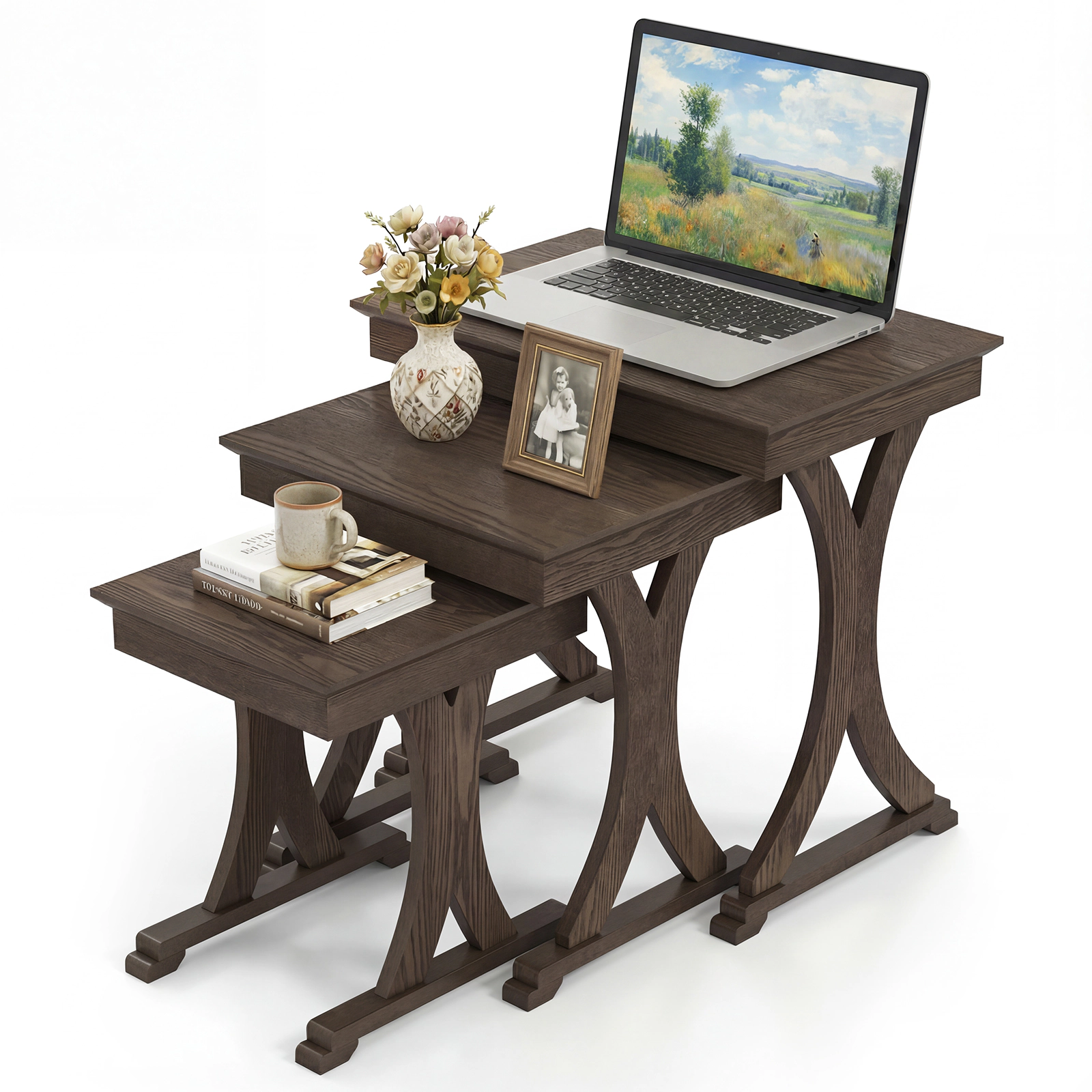 Glintex 3-Piece Nesting Coffee Table Set with Solid Rubber Wood Legs, Brown
