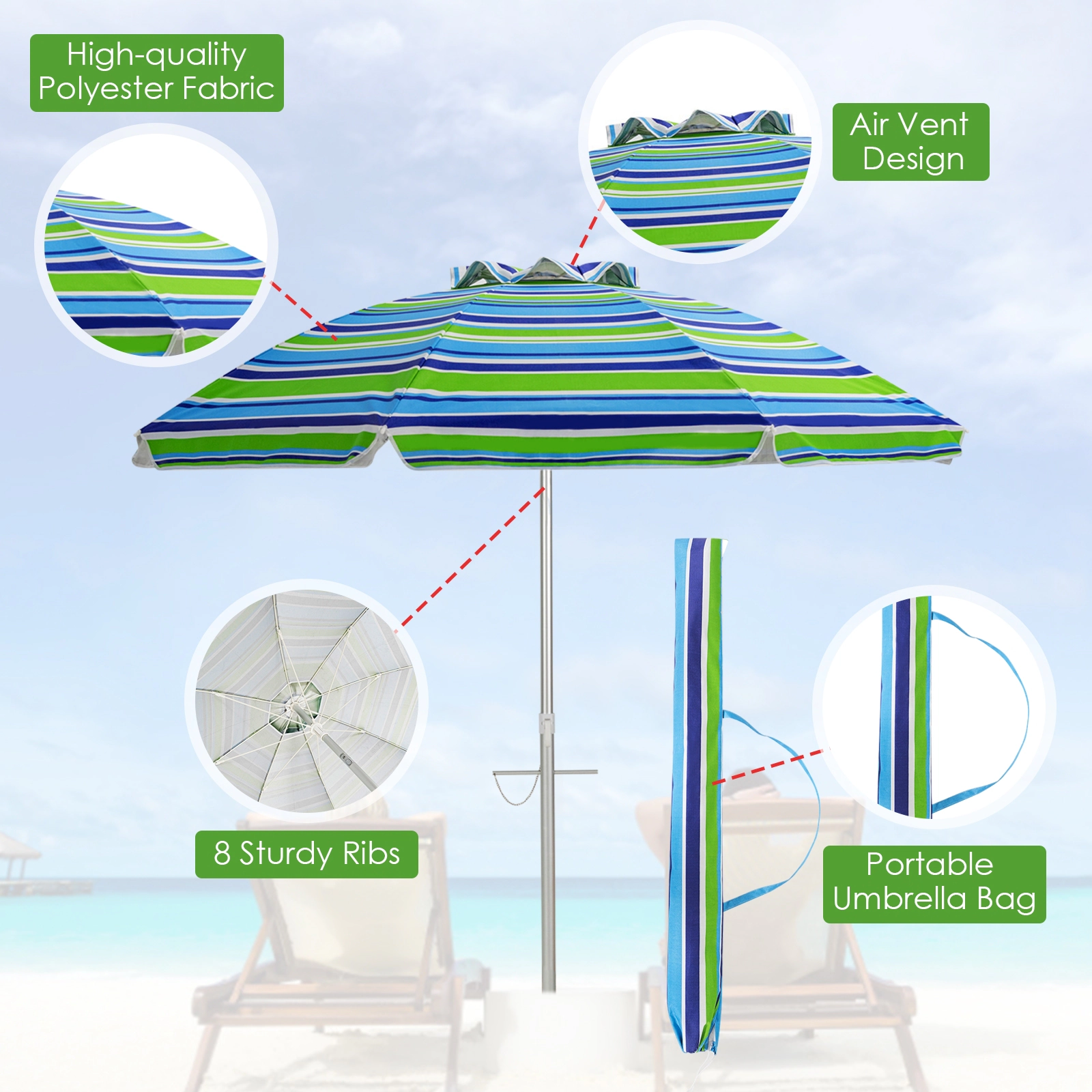 SUGIFT 6.5 ft UPF 50+ Canopy Tilt Mechanism and Carry Bag Beach Umbrella