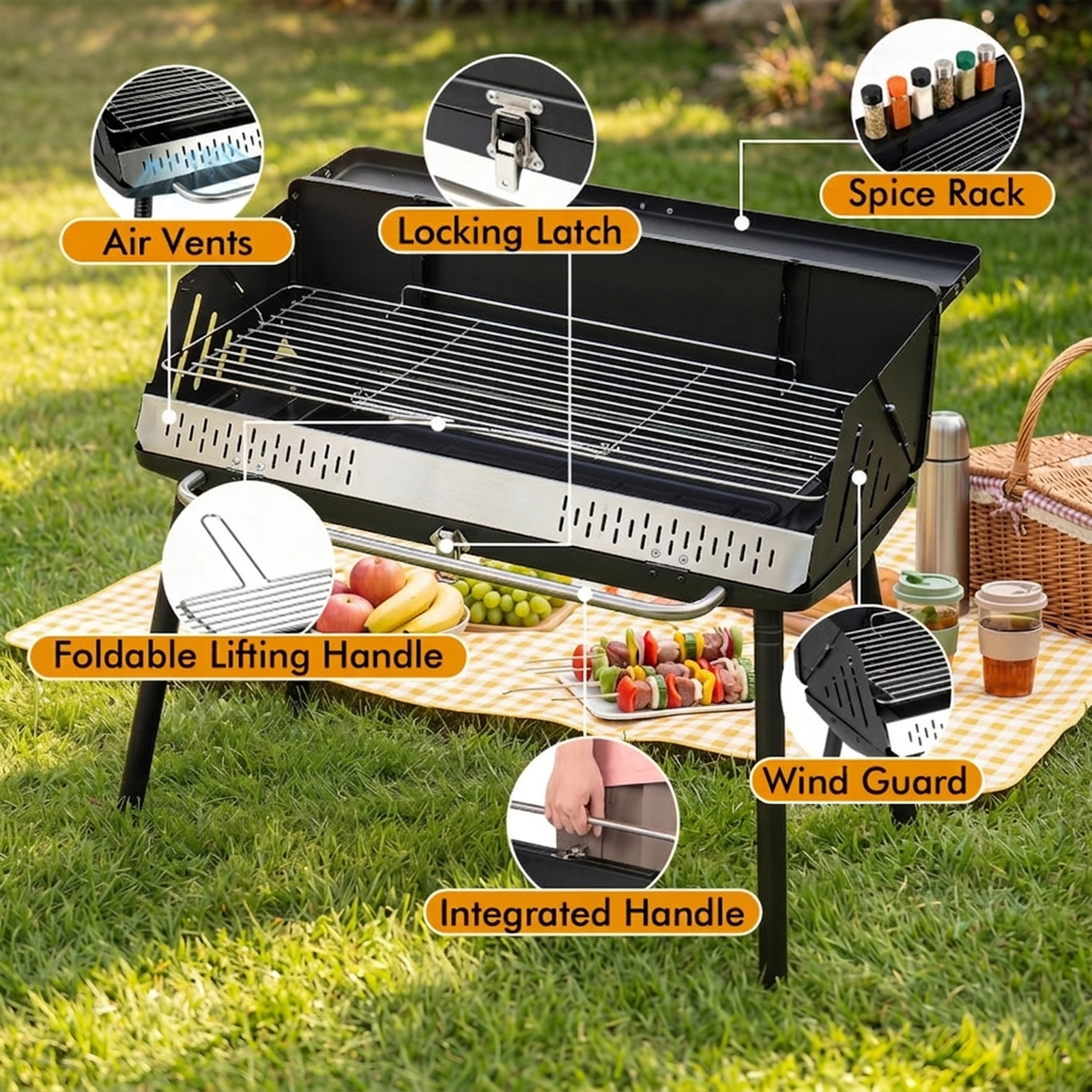 SUGIFT Portable Black Folding Charcoal Grill with Detachable Legs and Carrying Bag 32-in W 18.5-in D 33.5-in H