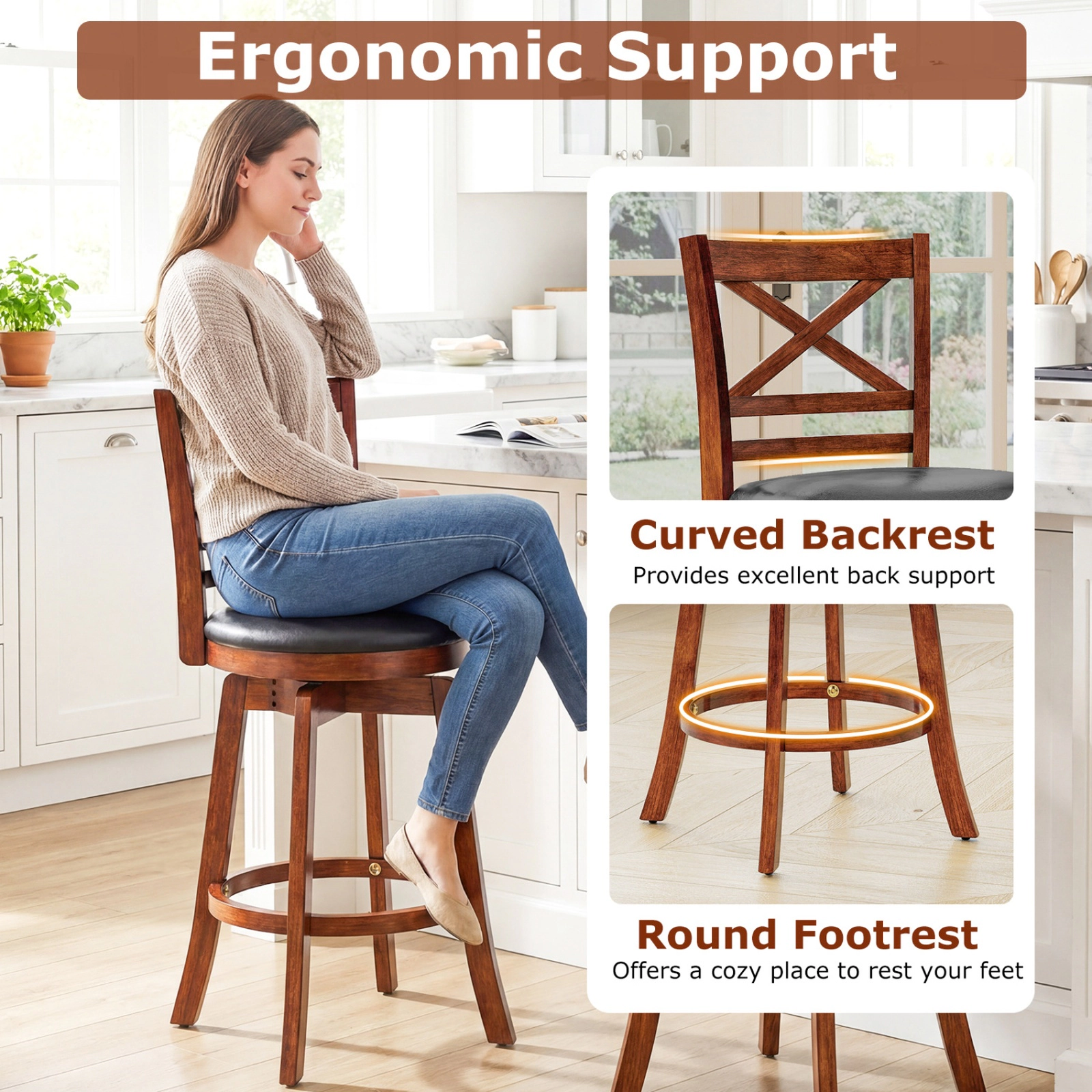 SUGIFT Set of 2 24-Inch Counter-Height Swivel Bar Stools, Rubberwood, Backrest and Footrest