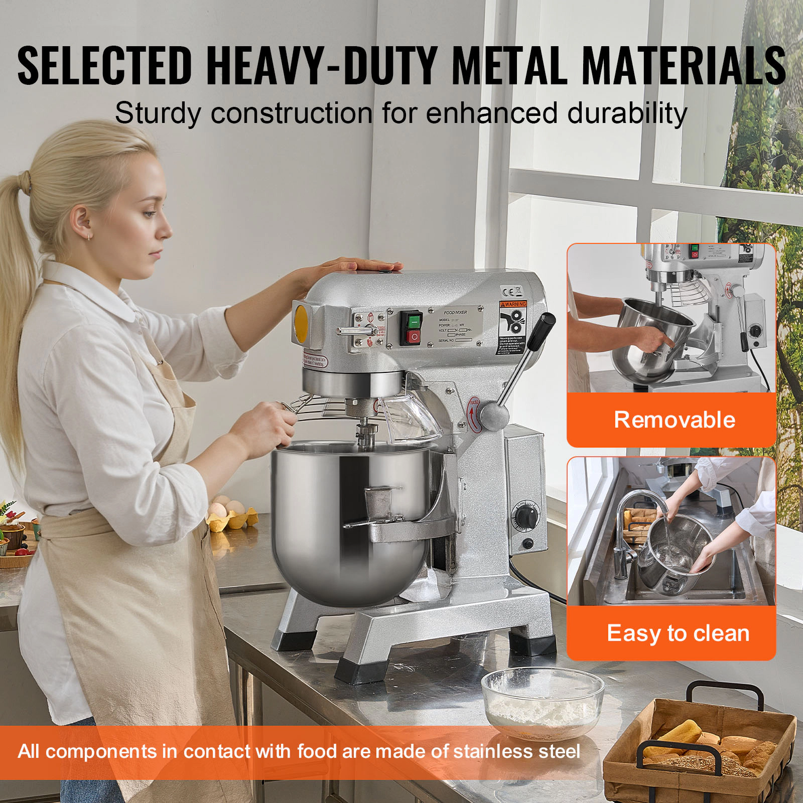 HONGGE Commercial Food Mixer Commercial Stand Mixer with 3 Adjustable Speeds 550W Dough Mixer with Stainless Steel Bowl