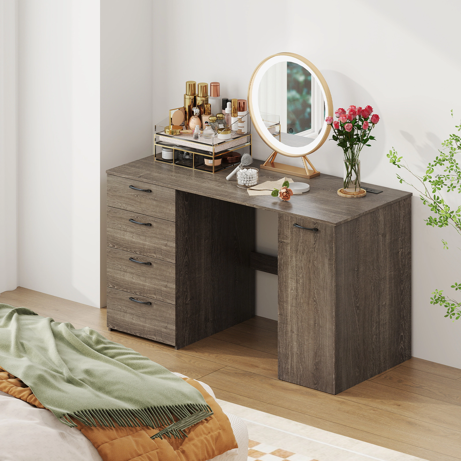 LJG 53 Inches Computer Desk with Power Outlets and 4 Storage Drawers
