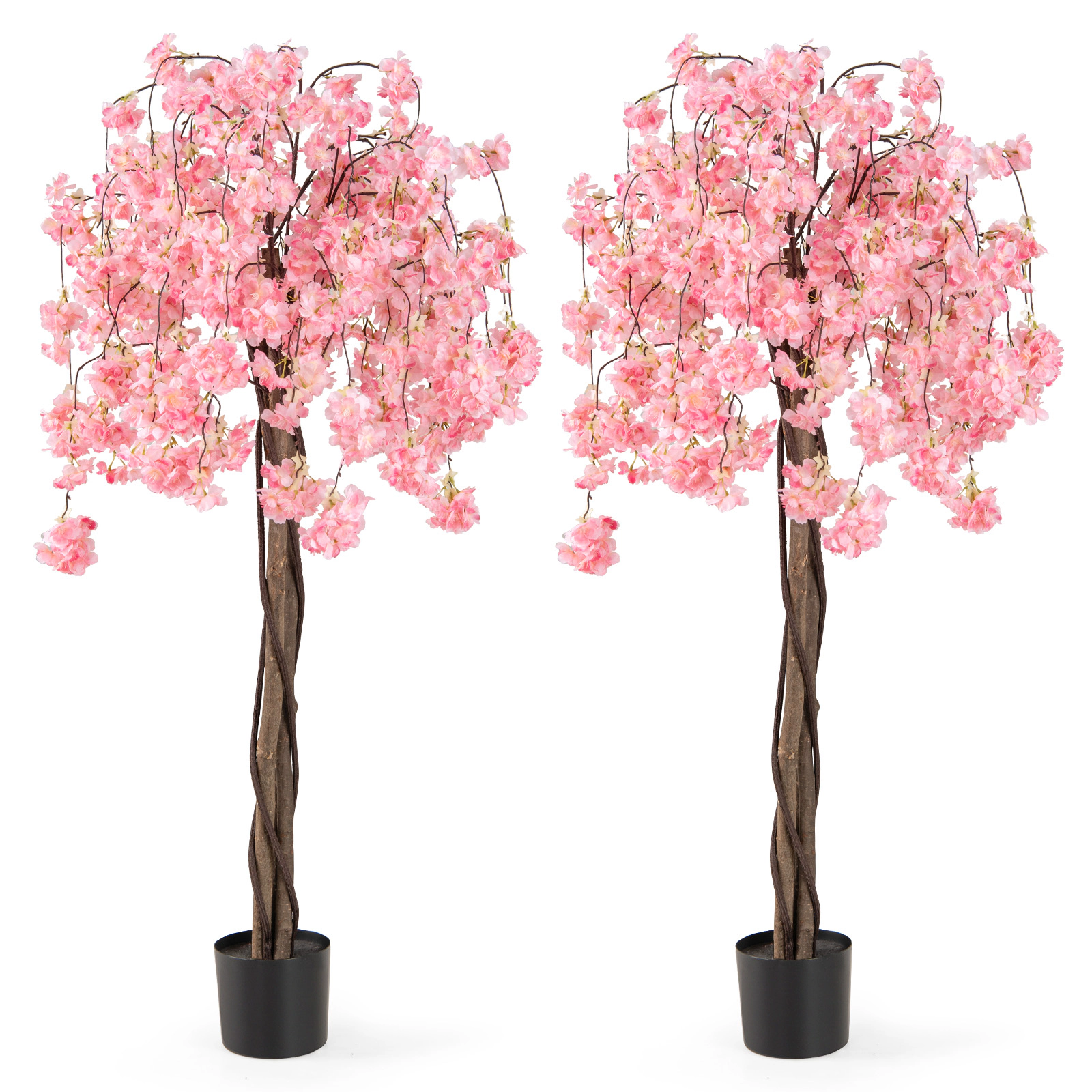 SUGIFT Set of 2 5.5-ft Cascading Branches Wood Trunks Artificial Cherry Blossom Trees 7-in x 5.5-in Pot 20-lb Pink