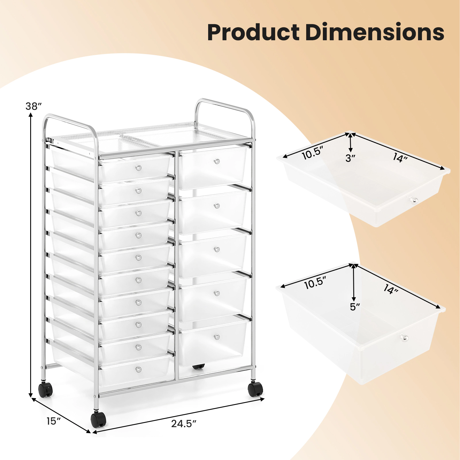 SUGIFT 15-Drawer Rolling Storage Cart Transparent with Chrome Plated Metal Frame