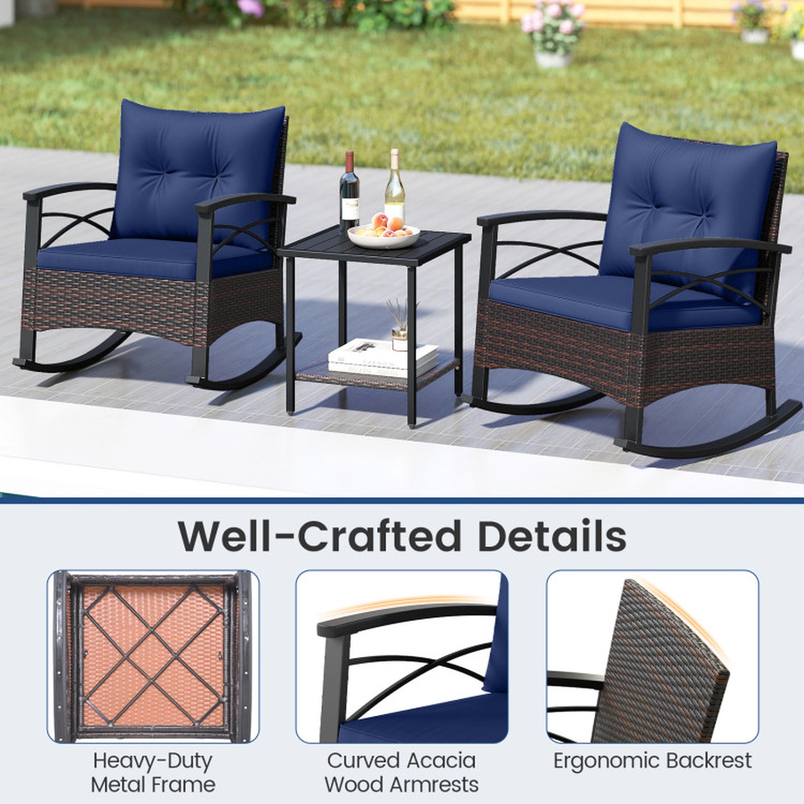 SUGIFT 3-Piece Brown PE Rattan Outdoor Rocking Chair Set with Acacia Side Table, 400-lb Capacity
