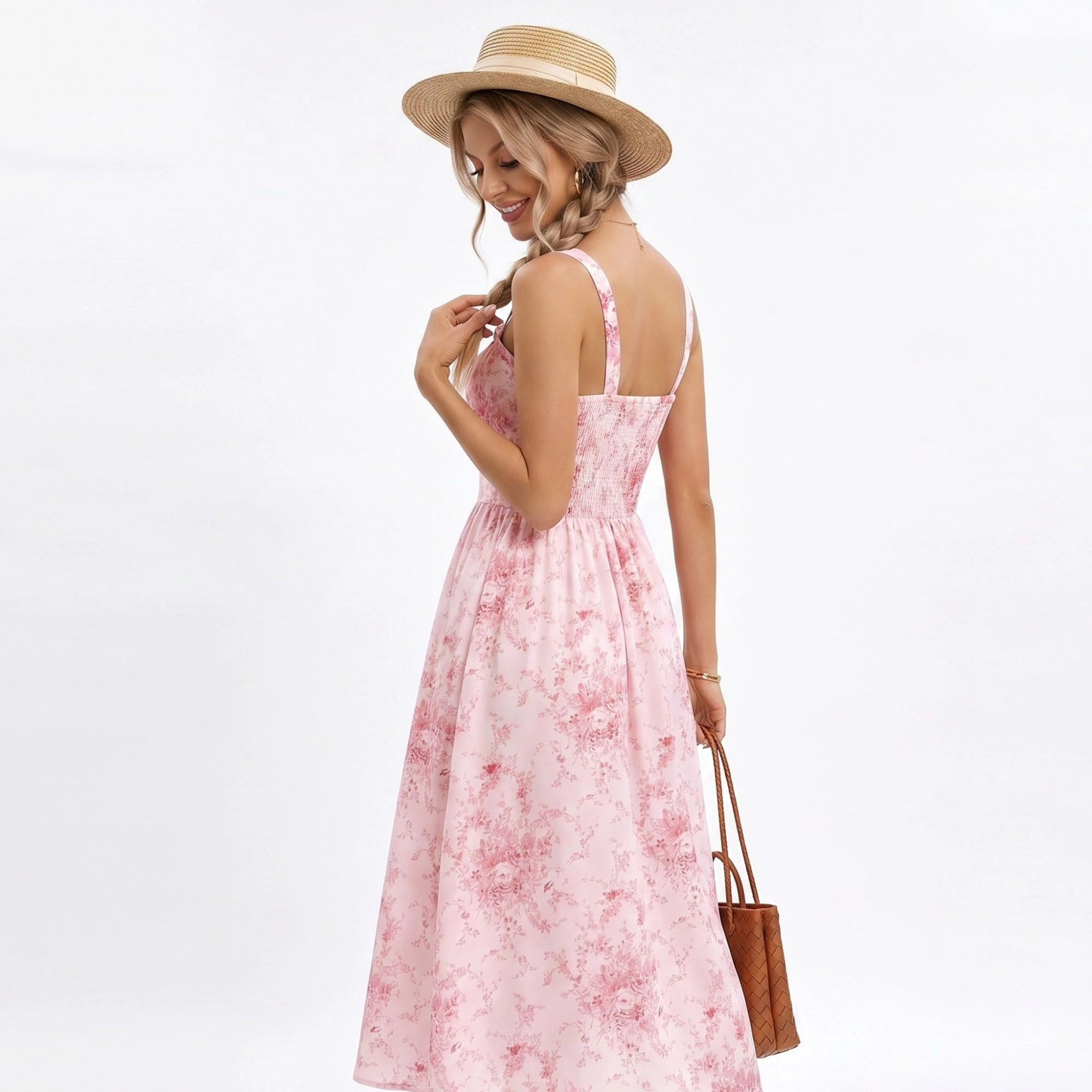 Anna-Kaci Women's Floral Print Tie Front Smocked Back Midi Dress
