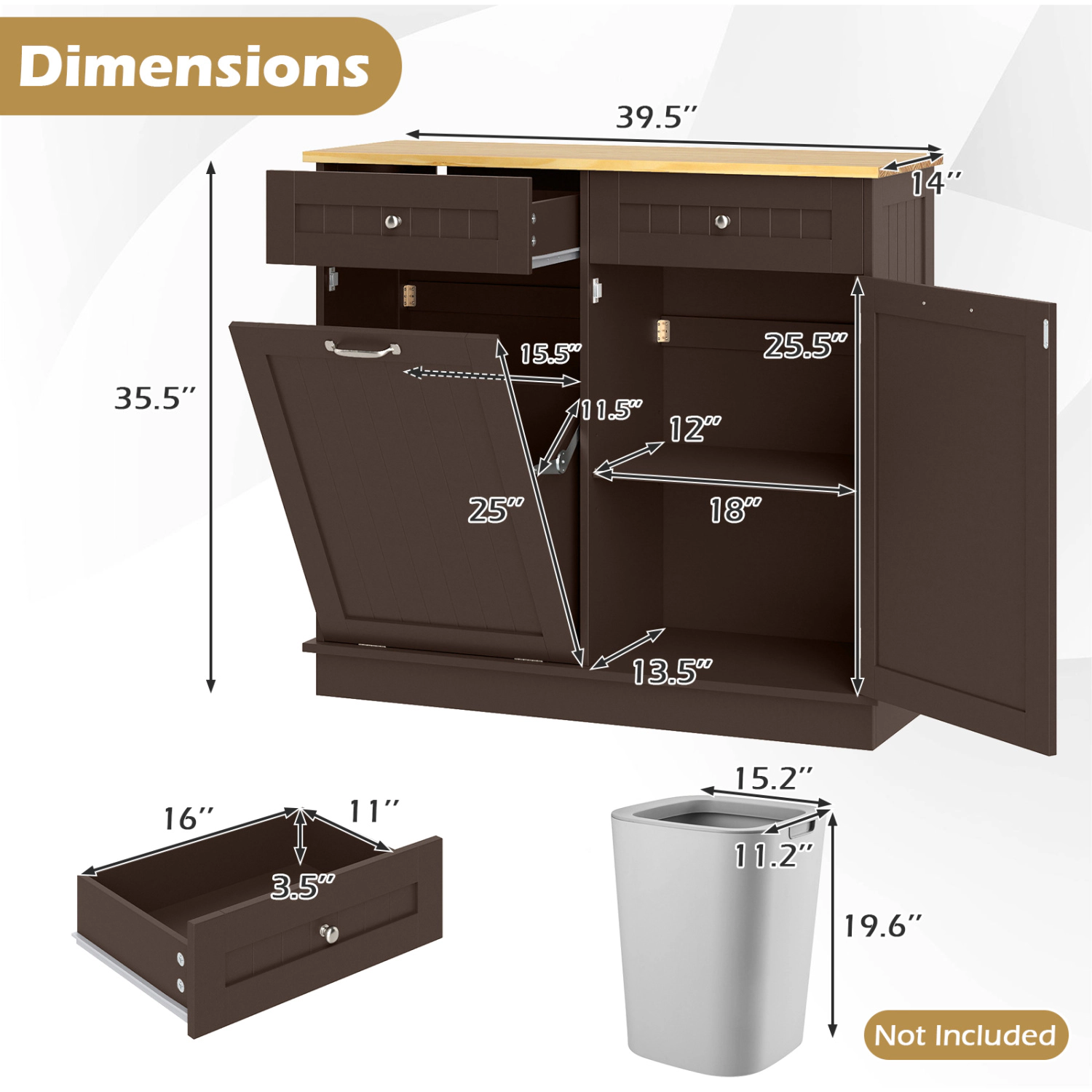 Glintex 39.5-Inch Tilt-Out Trash Cabinet with Pine Wood Countertop, Brown
