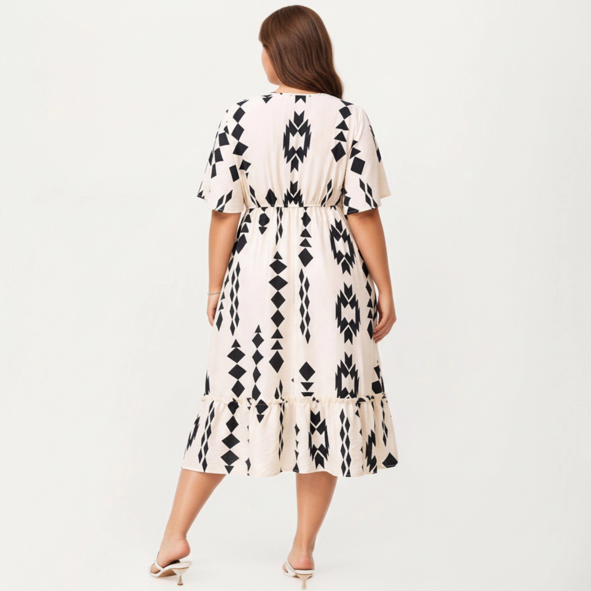 Anna-Kaci Women's Short Sleeve V Neck Elastic Waist Geometric Print Tiered Hem Flowy A Line Midi Dress