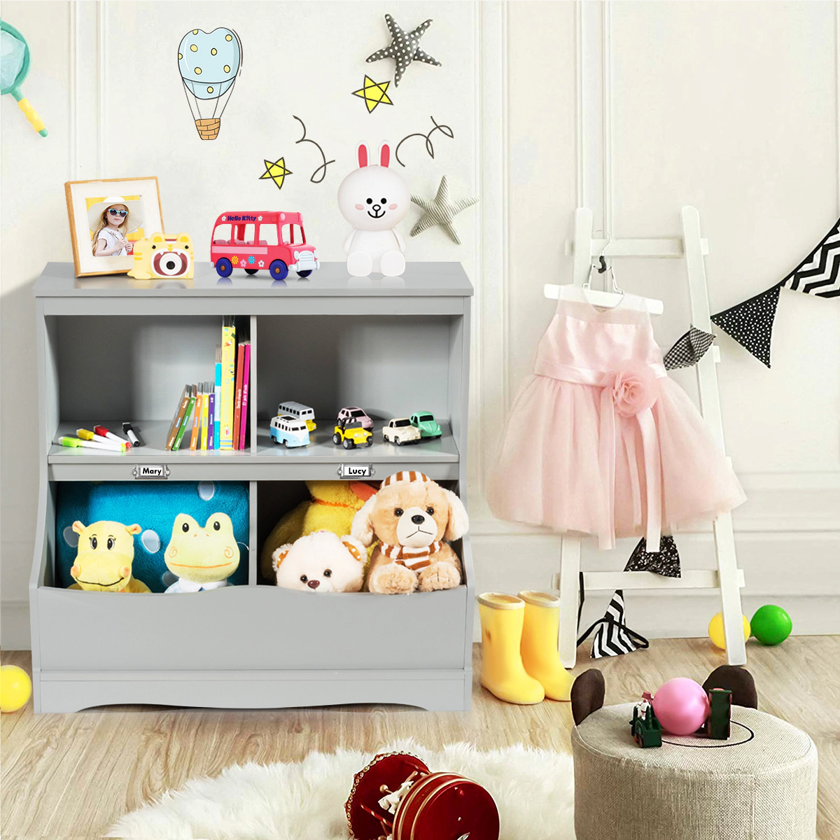 Costway Children's Multi-Functional Bookcase Toy Storage Bin Kids Floor Cabinet Grey