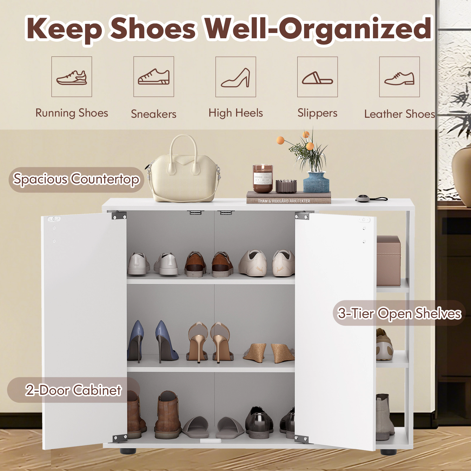 SUGIFT 3-Tier White 31.5-in Entryway Shoe Cabinet with Doors and Adjustable Side Storage Shelves