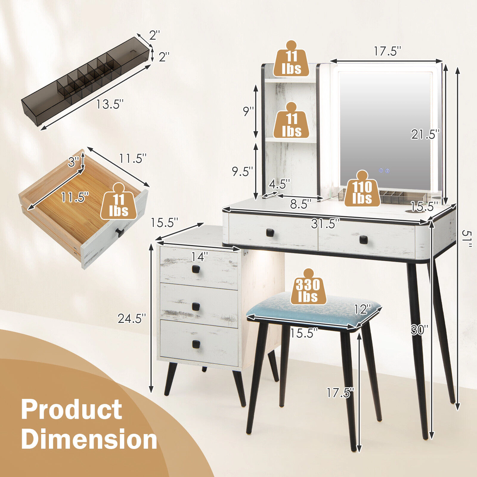 SUGIFT LED Lighted Mirror Vanity Makeup Table Set with Charging Station 110-lb Tabletop 330-lb Stool Capacity 4-Piece