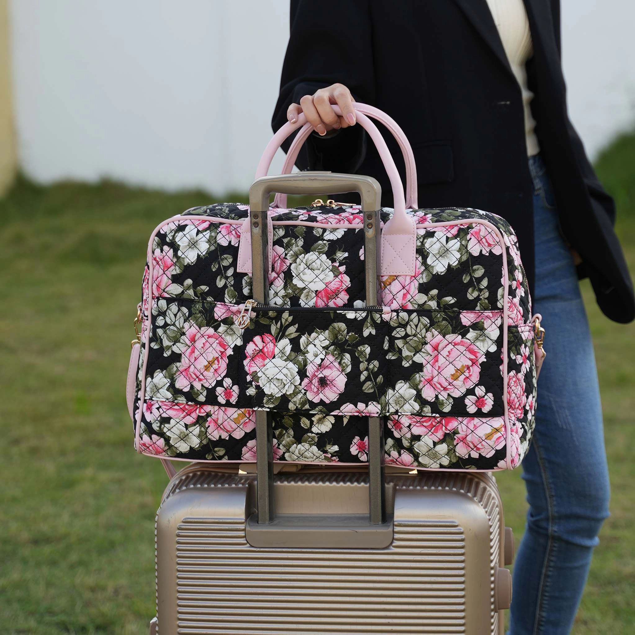 Mia K Collection Jayla Quilted Duffle Bag - Botanical Pattern, Vegan Leather Handles, Trolley Sleeve