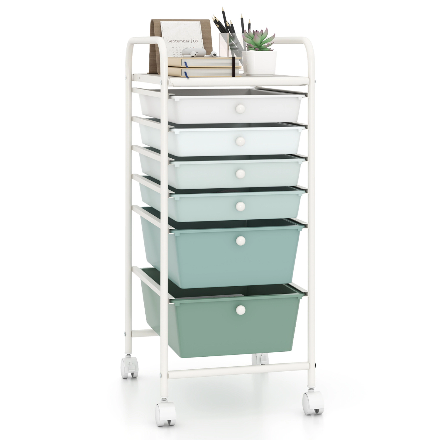 SUGIFT Green Gradient 6-Drawer Rolling Storage Cart Mobile Plastic Drawer Organizer with Locking Casters