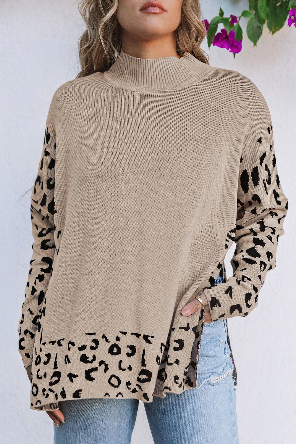 Threaded Pear Women's Sarai Leopard High Neck Side Slit Oversized Sweater