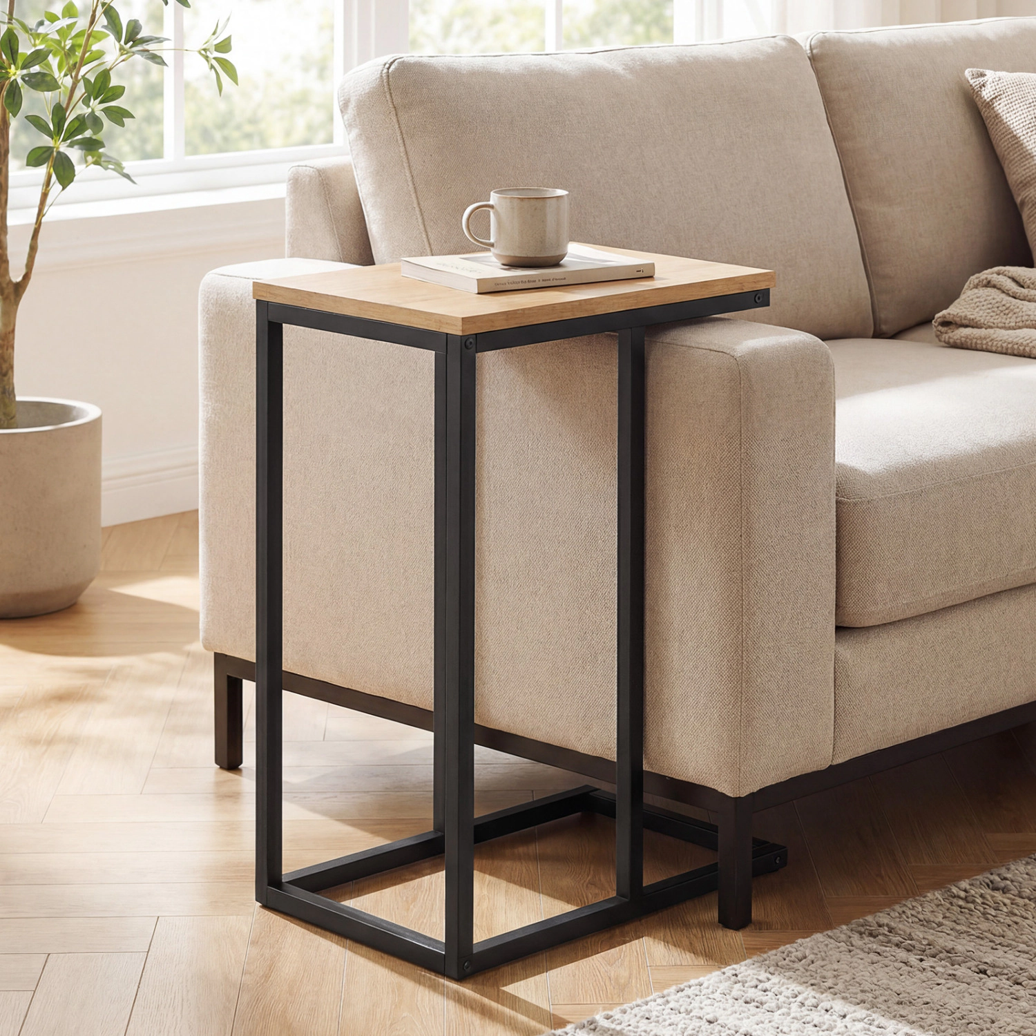 Glintex Small C-Shaped Side Table with Thickened Board and Rectangular Metal Base