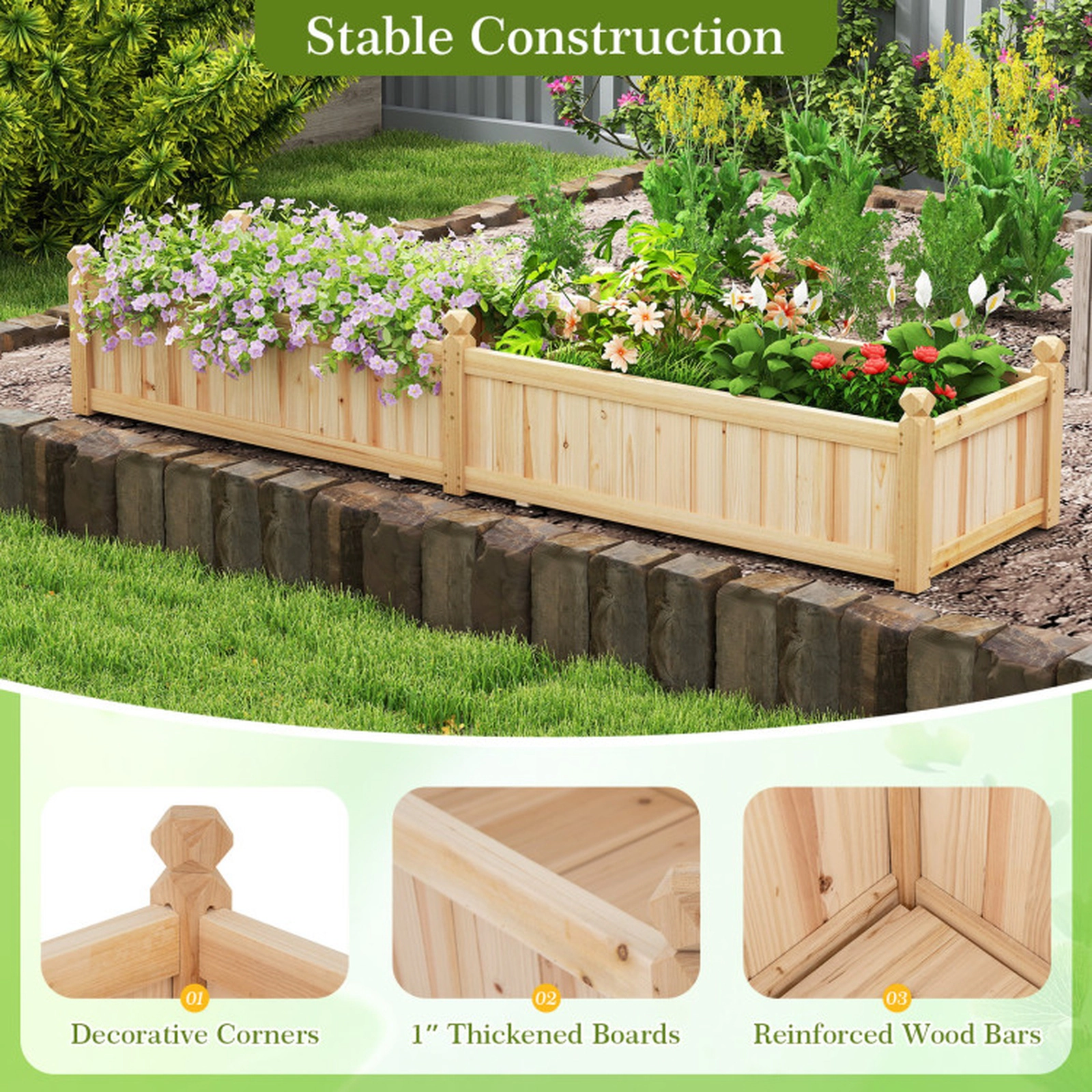SUGIFT 91 x 24 x 16 in Divisible Fir Wood Planter Box with Corner Drainage 110-lb Capacity Rustic Brown 1-Pc