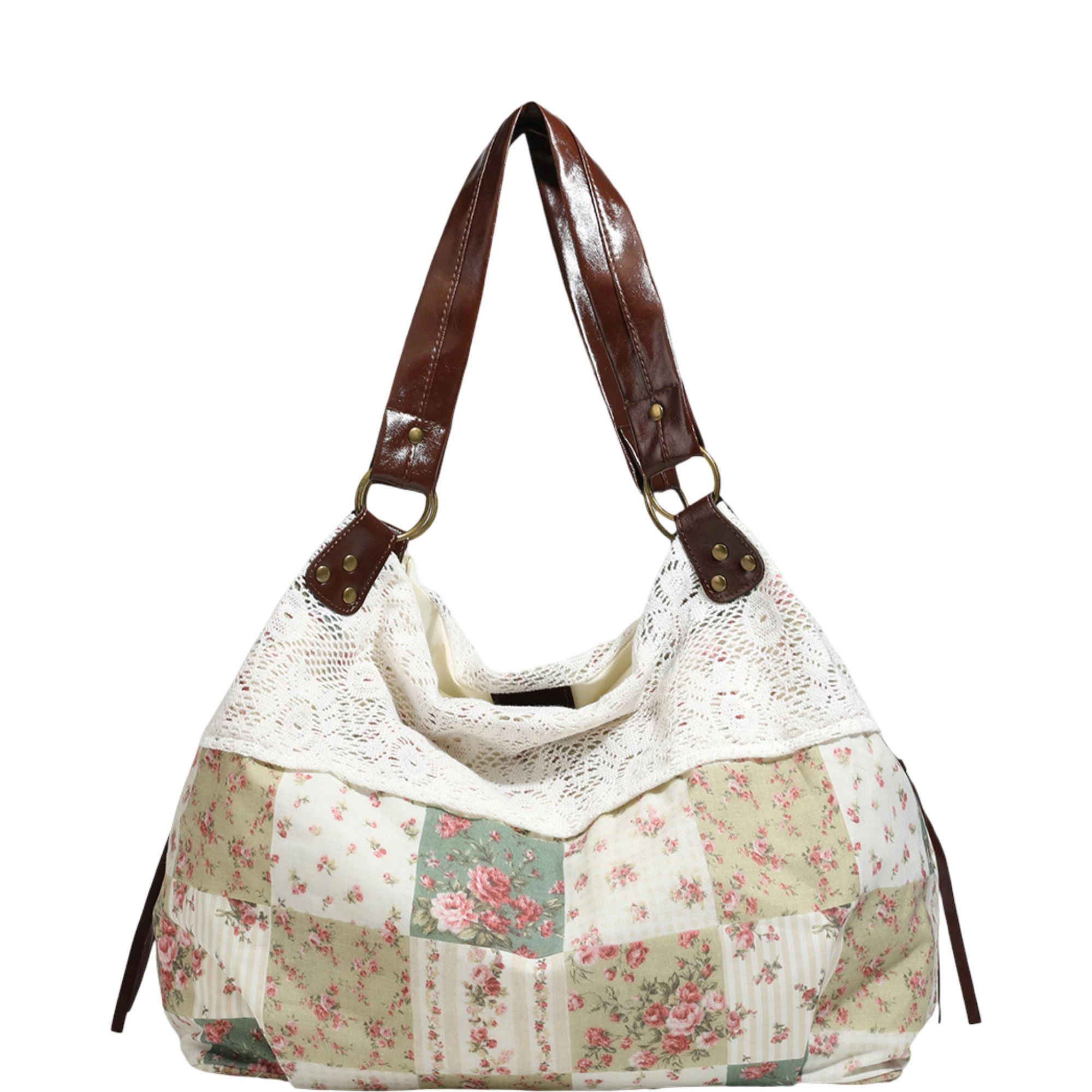 Alilang Women's Patchwork Shoulder Bag with Crochet Lace Detail and Faux Leather Straps