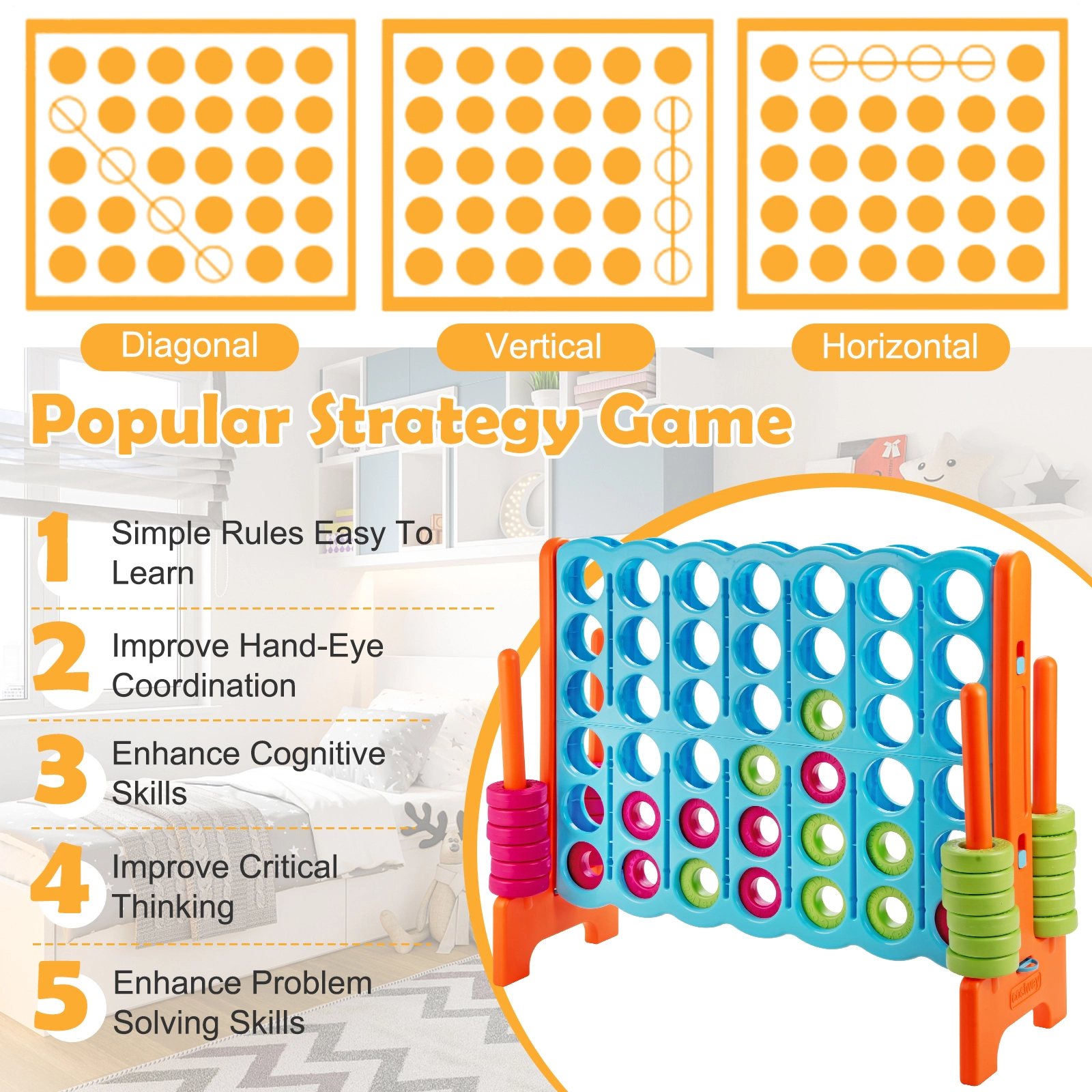 SUGIFT Light Blue 4-in-a-Row Giant Jumbo Game Set with 42 Rings and 2 Reset Strips 47.5-in W 17-in D 41-in H