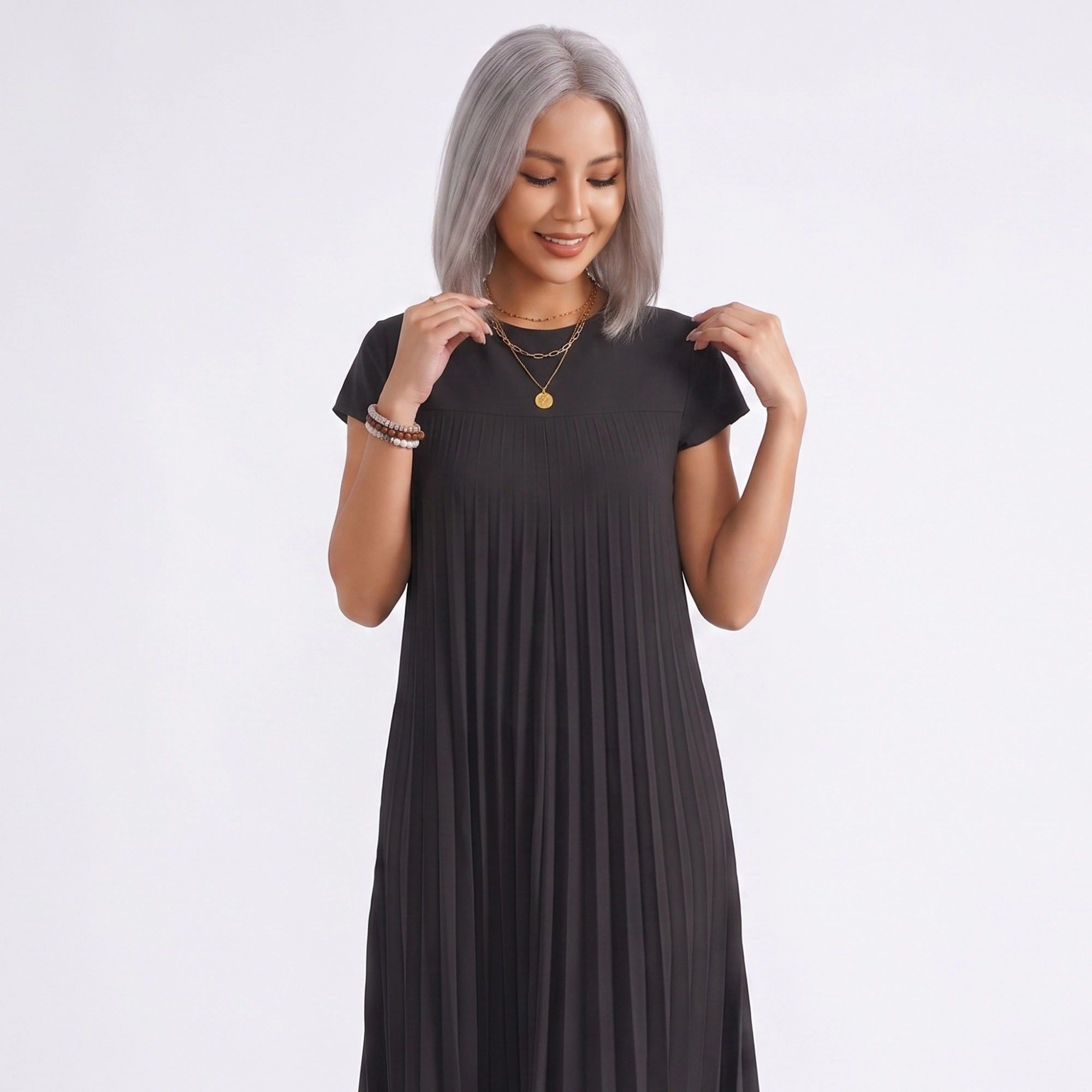 Anna-Kaci Women's Crew Neck Short Sleeve Accordion Pleated Midi Dress