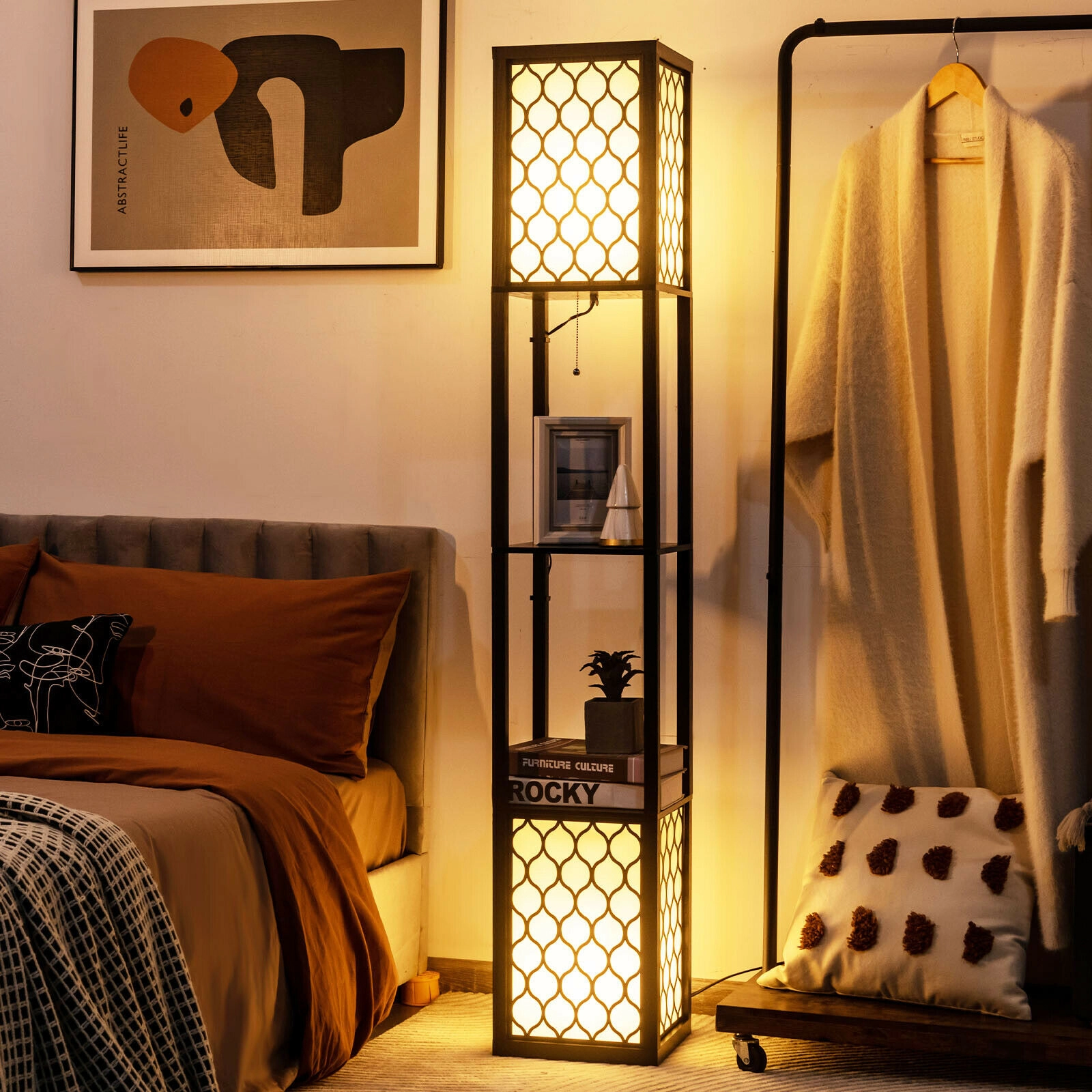 Slickblue 2-Light Shelf Floor Lamp 62in Black White with 2-Tier Storage Shelves Bedroom