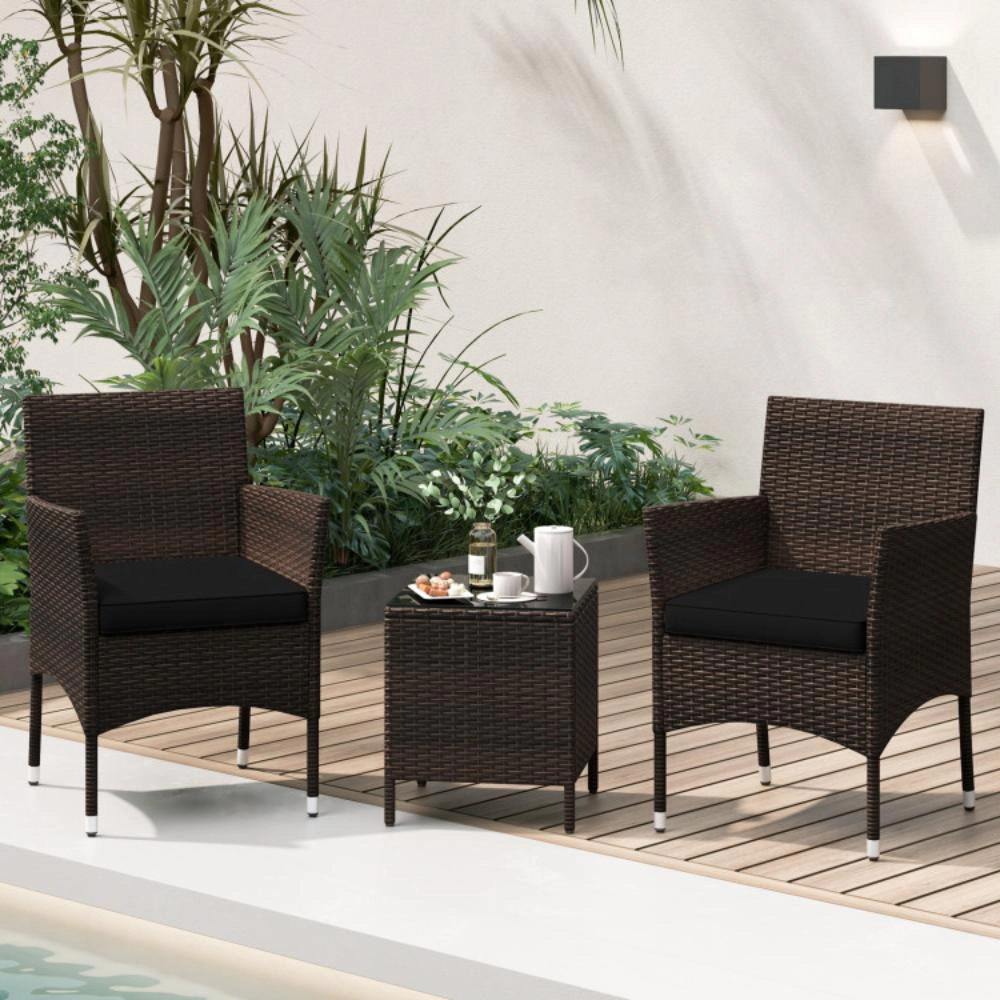 Hivvago 3 Pieces Outdoor Conversation Set With Cushioned Seat And Glass Tabletop