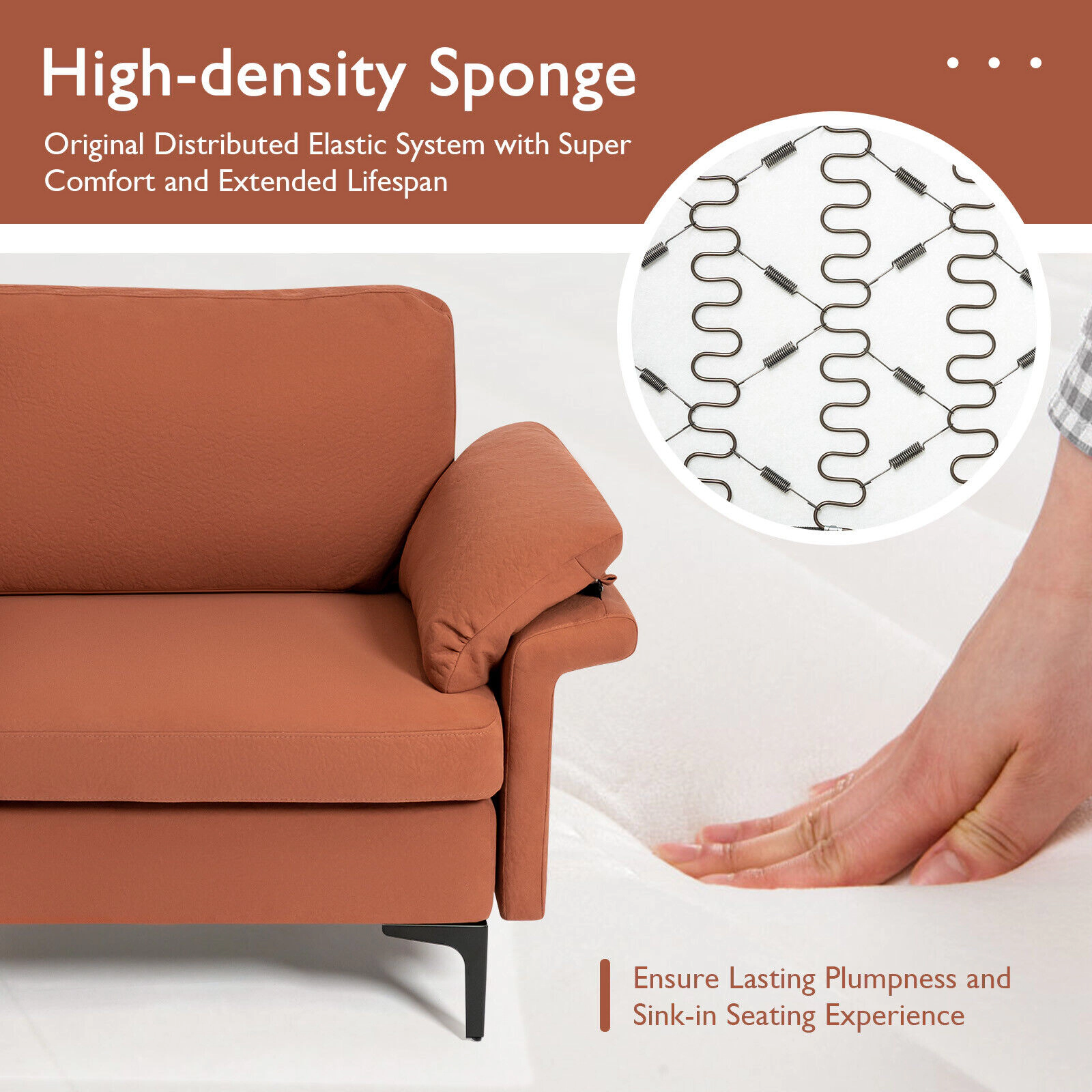 SUGIFT Modern Fabric Loveseat Sofa Rust Red with Metal Legs and Armrest Pillows