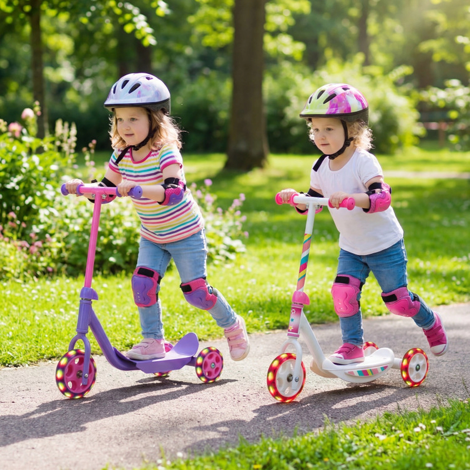SUGIFT 3-Wheel Kids Scooter with LED Light-Up Wheels Wide Anti-Slip Deck 44-lb Capacity Ages 2+ Pink and Purple
