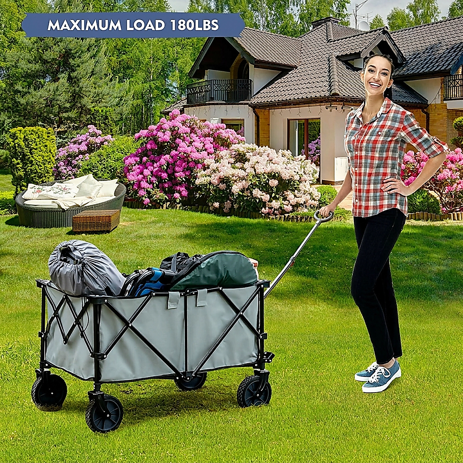 SUGIFT Gray Folding Utility Wagon with Adjustable Handle and 4 Universal Wheels 37.5-in W 23-in D 42-in H