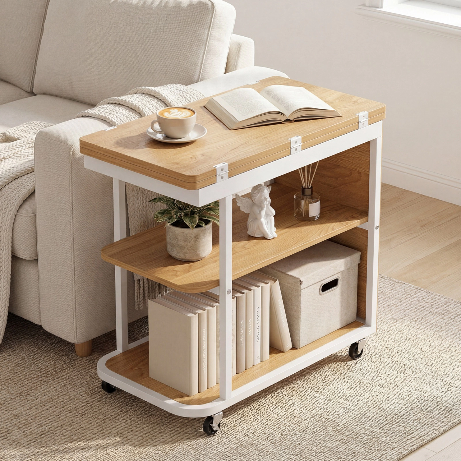 SUGIFT Mobile Night Stand with Foldable Swivel Top and 2-Tier Shelf 100-lb Tabletop Capacity Natural & White