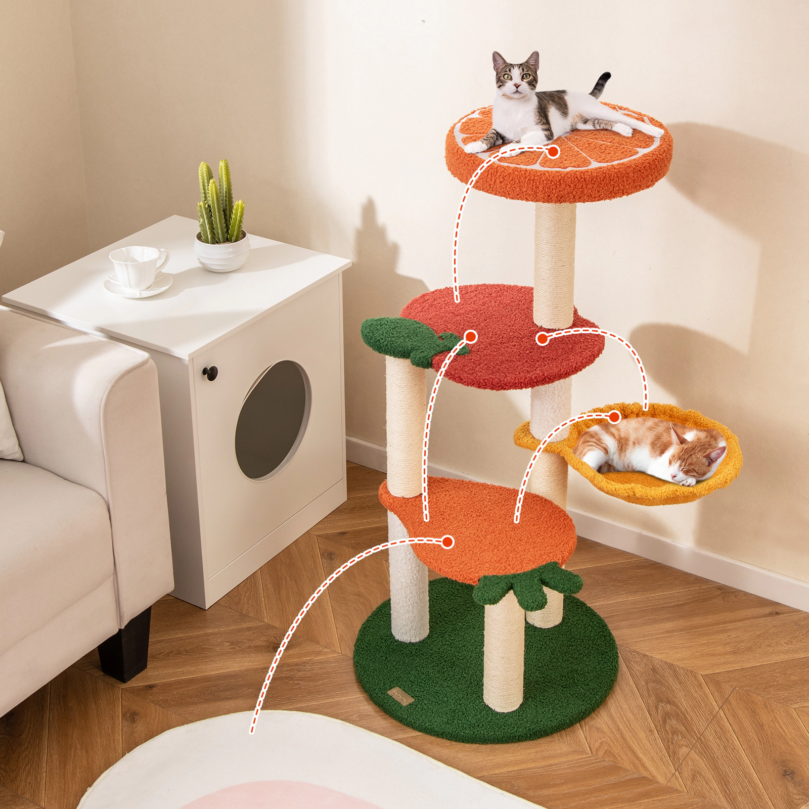 SUGIFT 39-in Tall Fruit-Shaped Multi-Level Cat Tree with Rotating Basket Sisal Posts and Fleece Perch