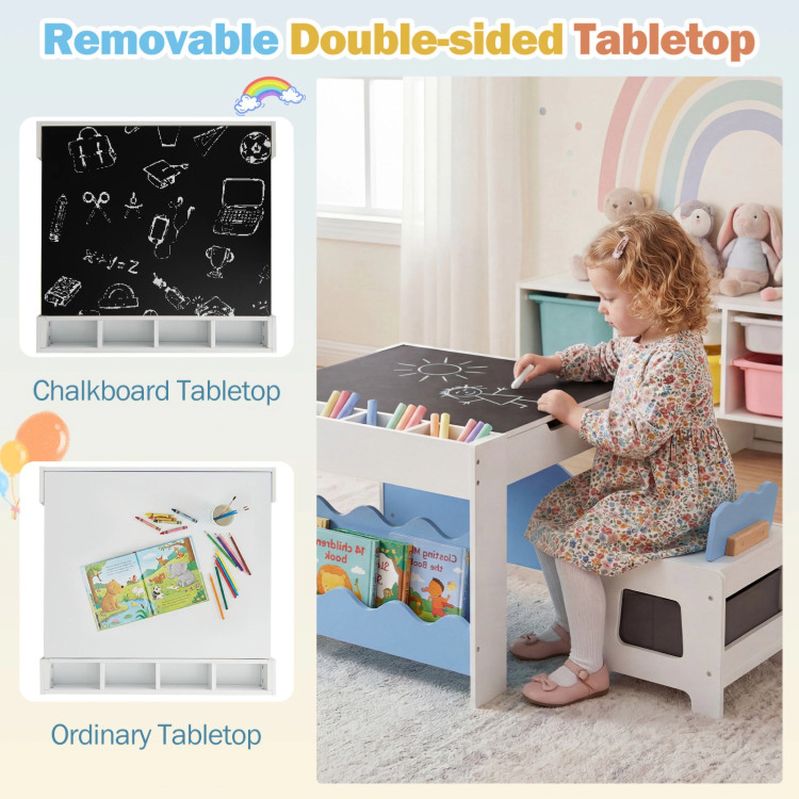 SUGIFT Double-Sided Tabletop Kids Multi-Purpose Activity Table and 2 Chairs Set