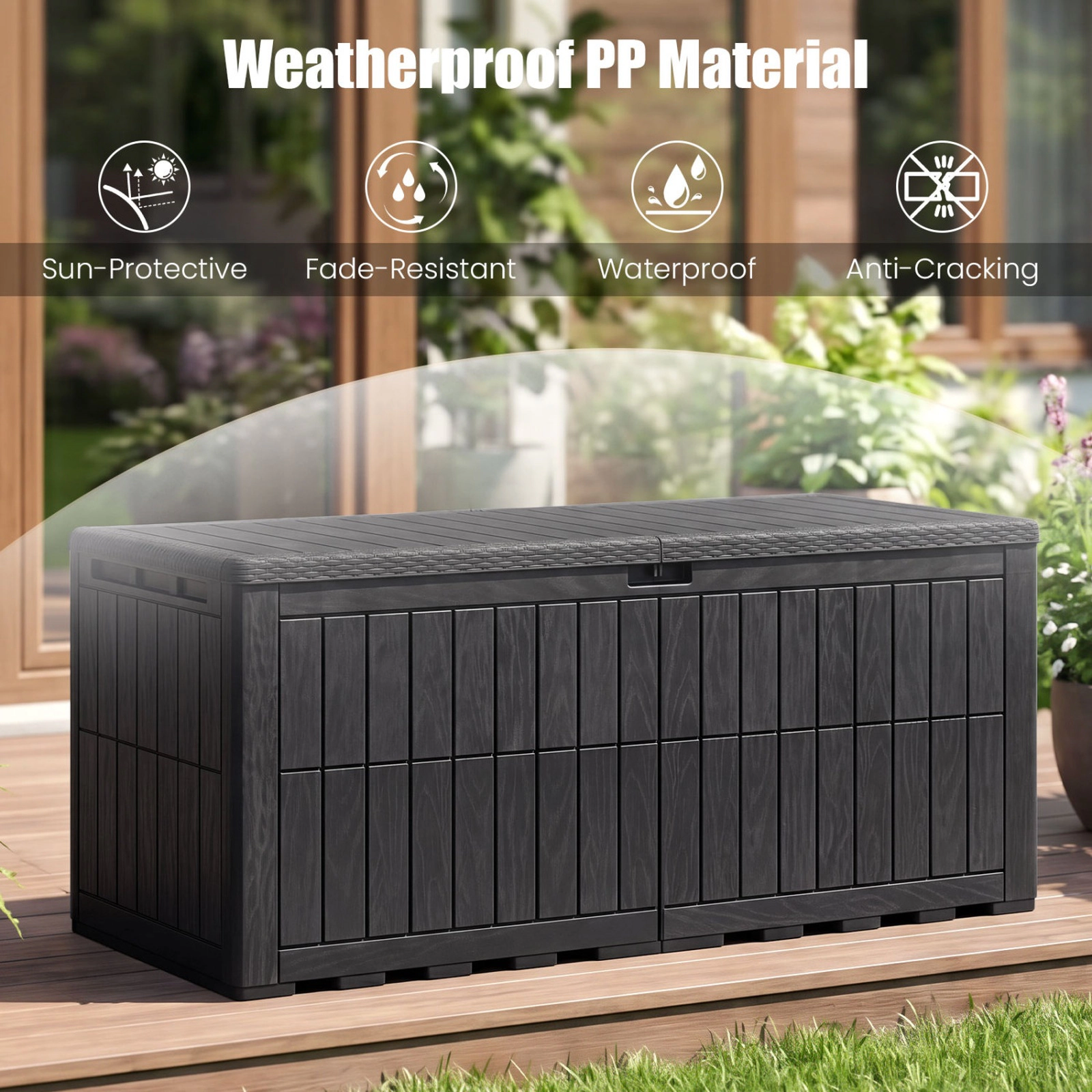 SUGIFT 180 Gal Outdoor Deck Box All-Weather Lockable Storage Bin with Lid and Handles 620-lb Seating Capacity Black