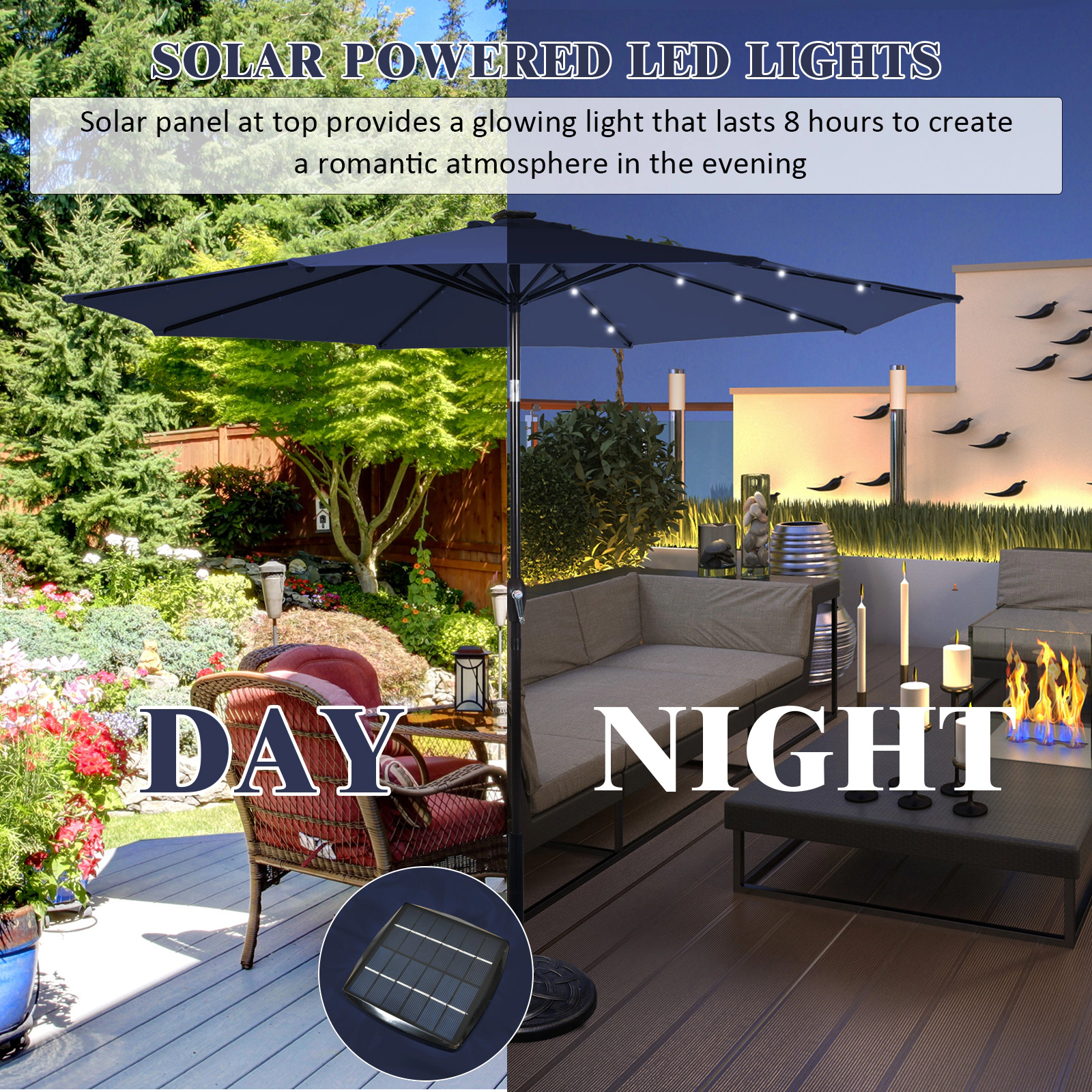 SUGIFT 9-ft Dark Blue Solar LED Market Patio Umbrella, Crank Lift and Push-Button Tilt
