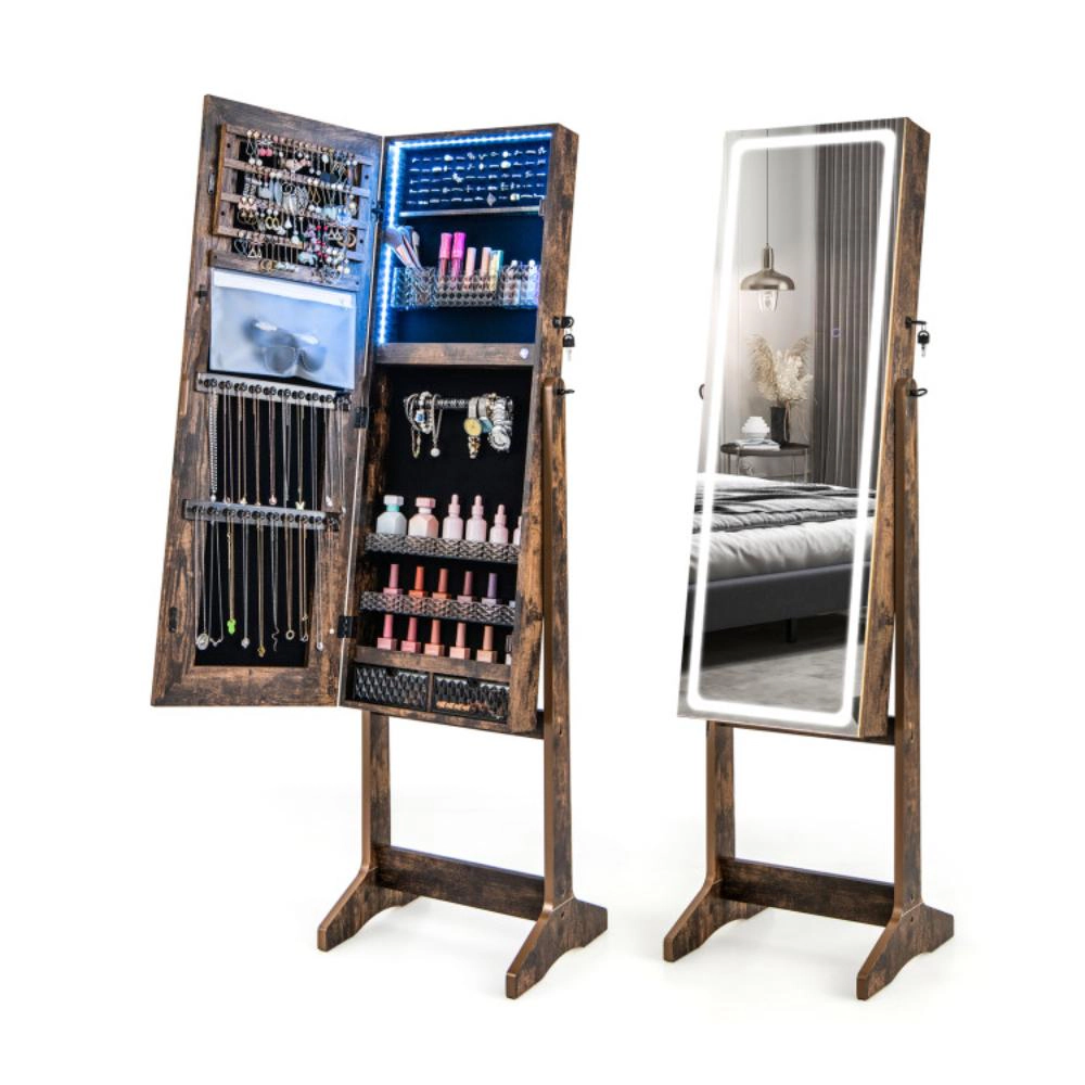 Hivvago Lockable Jewelry Armoire Standing Cabinet with Lighted Full-Length Mirror