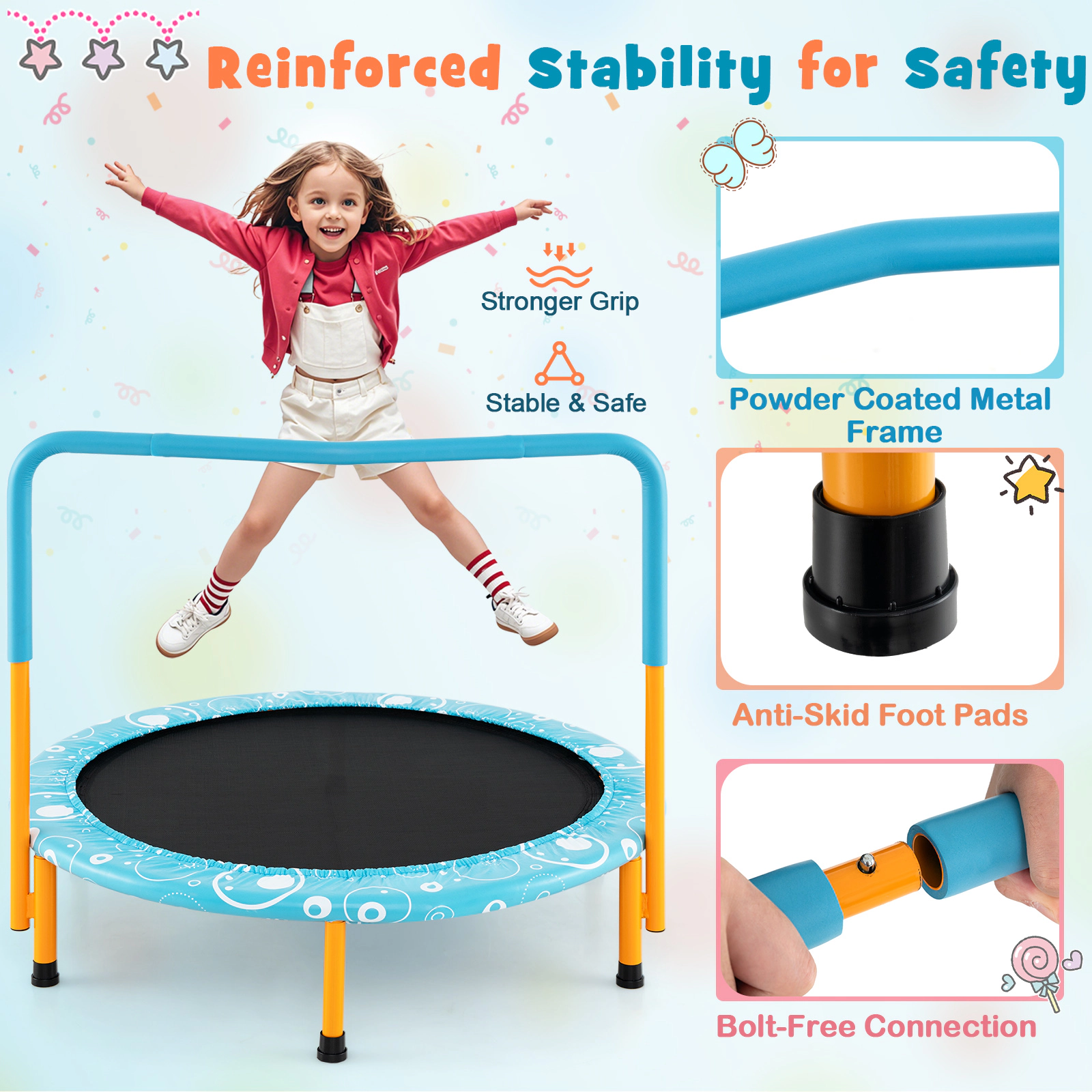 SUGIFT 36-in Folding Kids Trampoline Mini Rebounder with Full Covered Foam Handrail 330-lb Capacity Ages 3-10 Orange