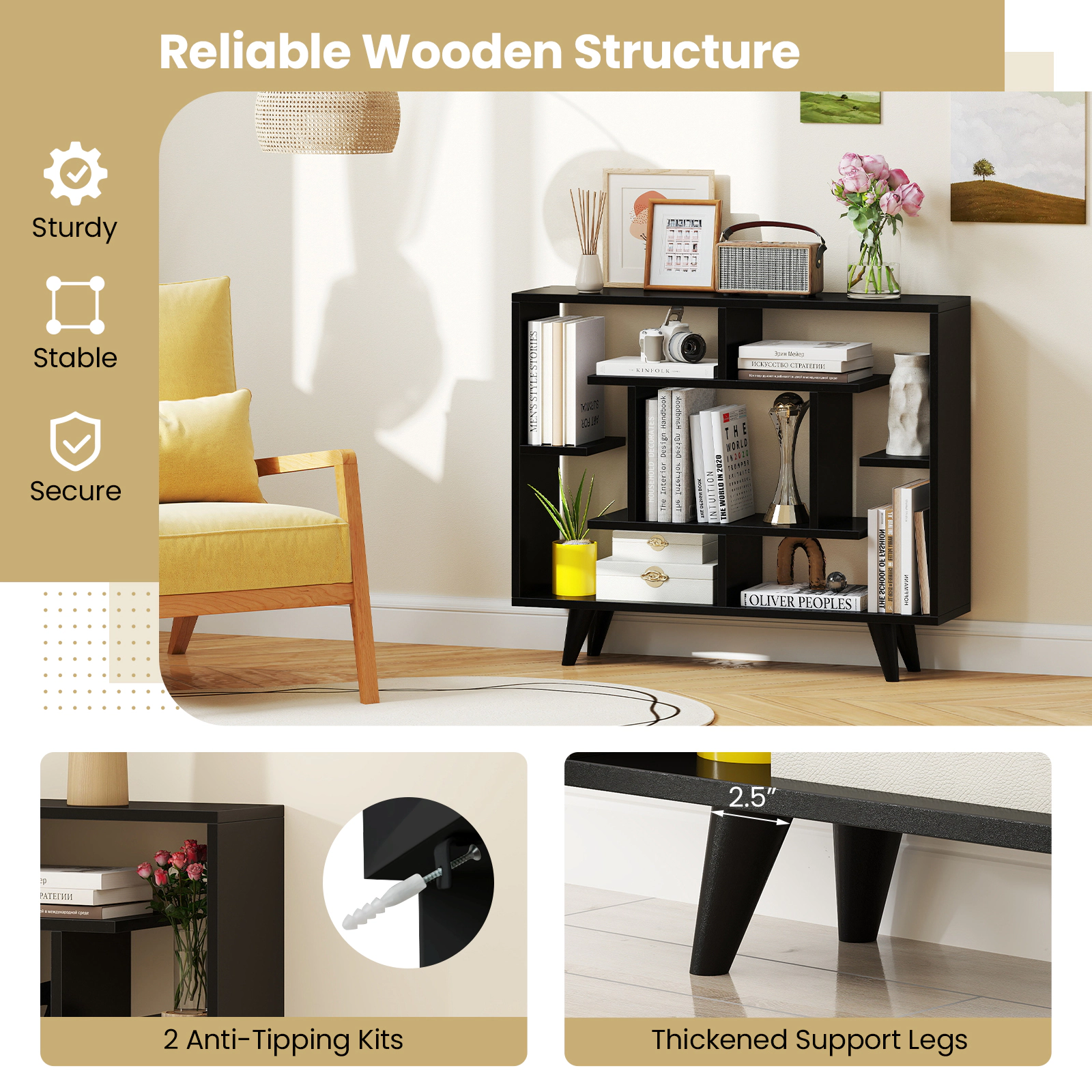 Costway Bookshelf Geometric Bookcase w/ Anti-Tipping Kit Storage Shelving Unit White