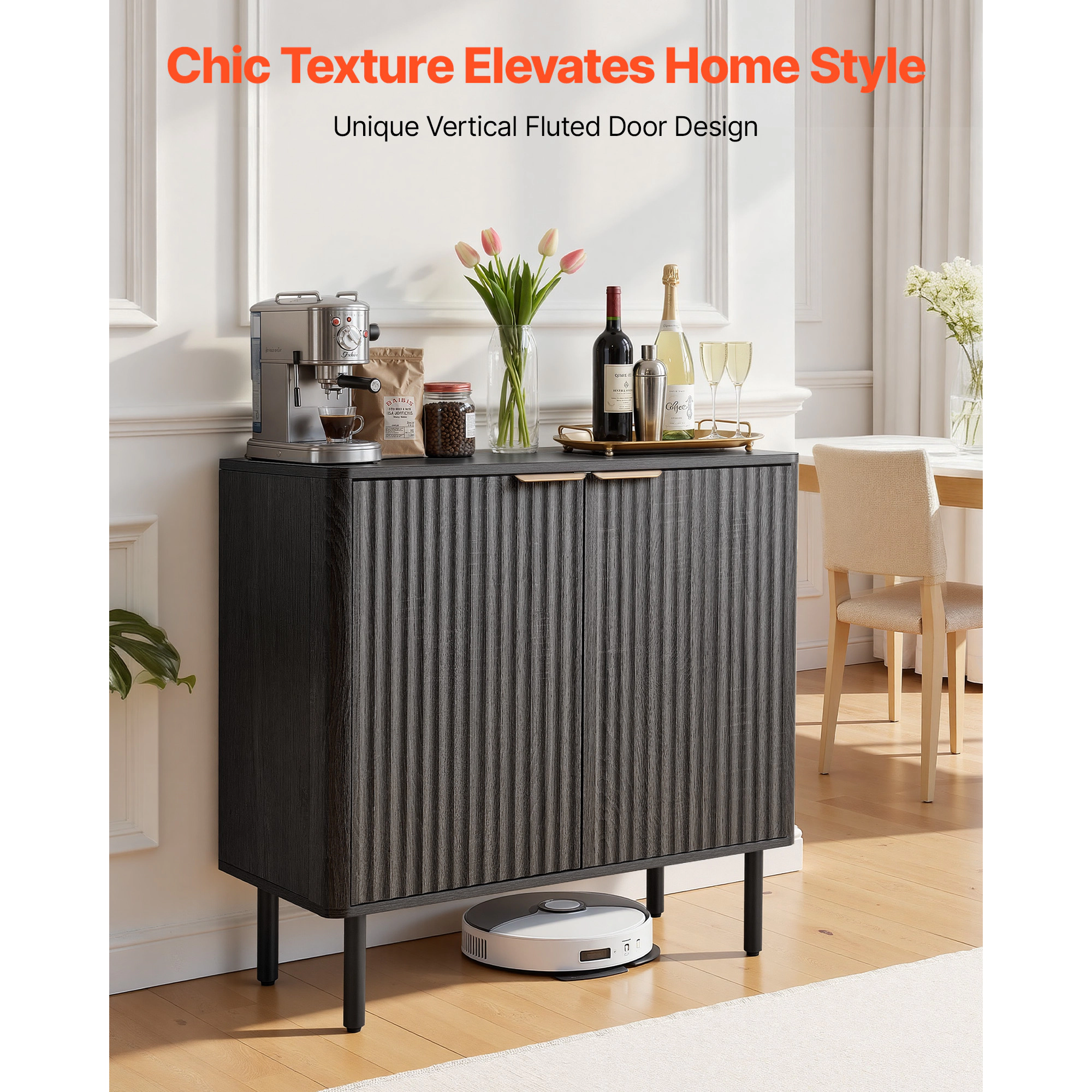 HONGGE Coffee Bar Cabinet Mid Century Fluted Table with 2-Tier Storage Buffet Stand Barn Door