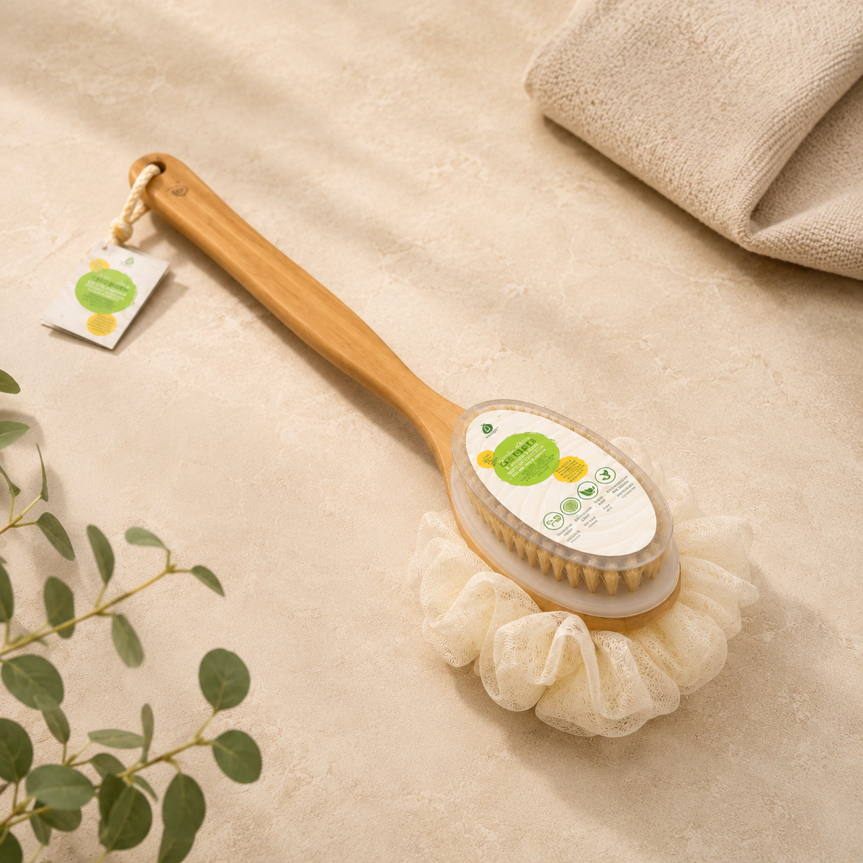 Pursonic Unisex Eco-Friendly Dual Action Exfoliating Body Brush & Mesh Sponge with Lotus Wooden Handle