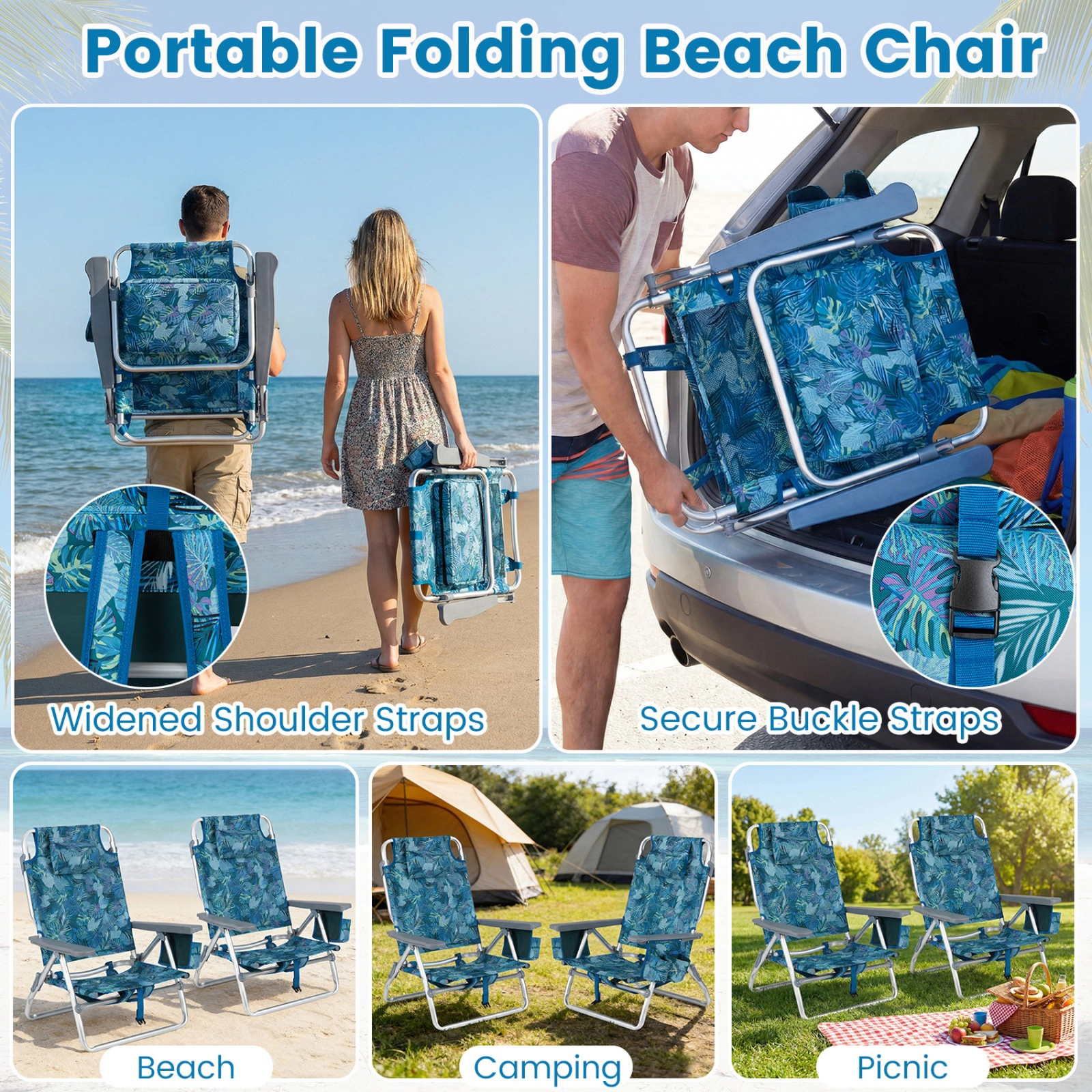 SUGIFT Portable Folding Backpack Beach Recliner Chair 330-lb Capacity 5-Position Backrest & Padded Headrest Peacock Blue